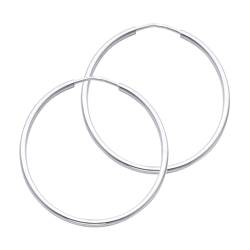 14K White Gold Endless Hoop Earrings – Polished Round Tube Hoops in 15mm to 55mm