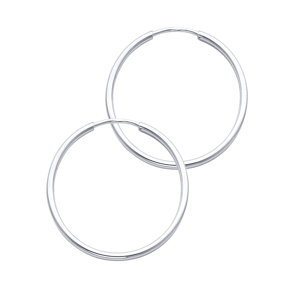 14K White Gold Endless Hoop Earrings – Polished Round Tube Hoops in 15mm to 55mm