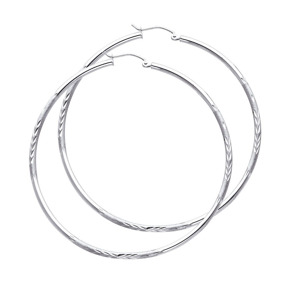 14K White Gold Textured Hoop Earrings – 2mm Thick, Real Gold Hoops in 12mm to 65mm