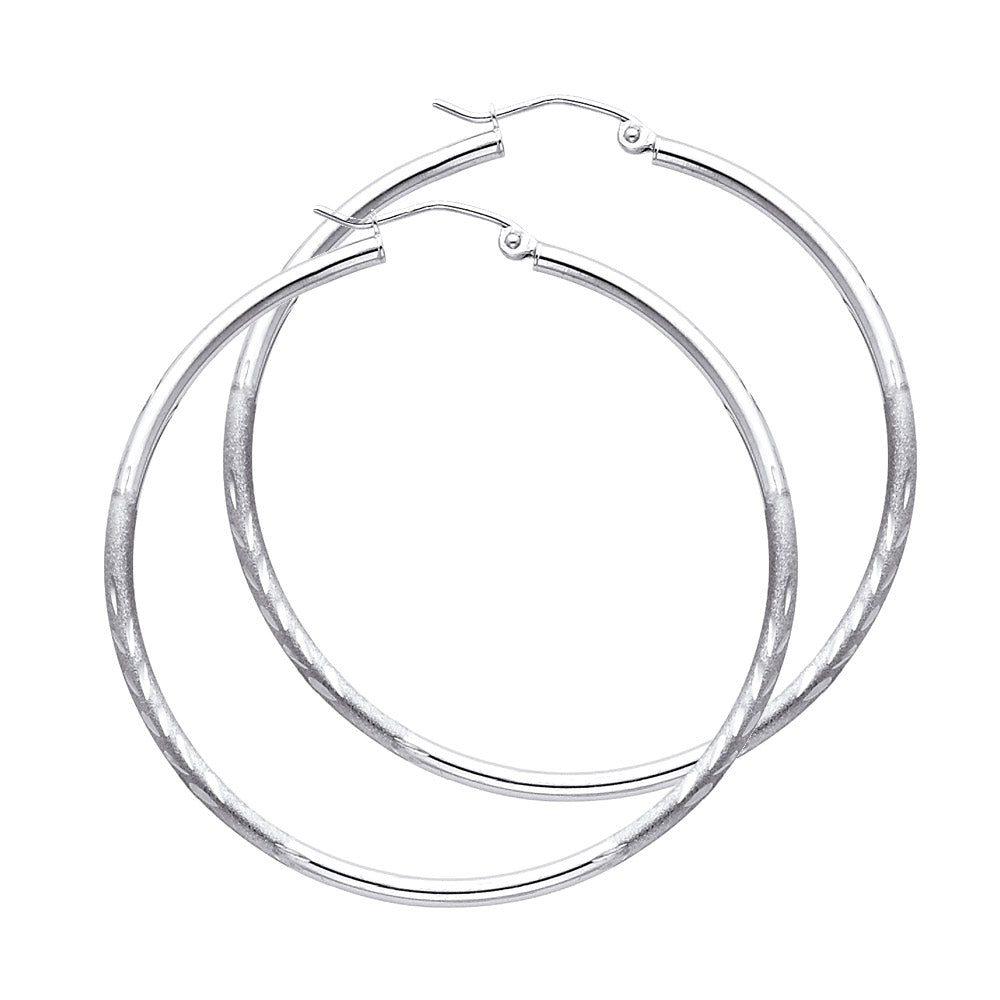 14K White Gold Textured Hoop Earrings – 2mm Thick, Real Gold Hoops in 12mm to 65mm