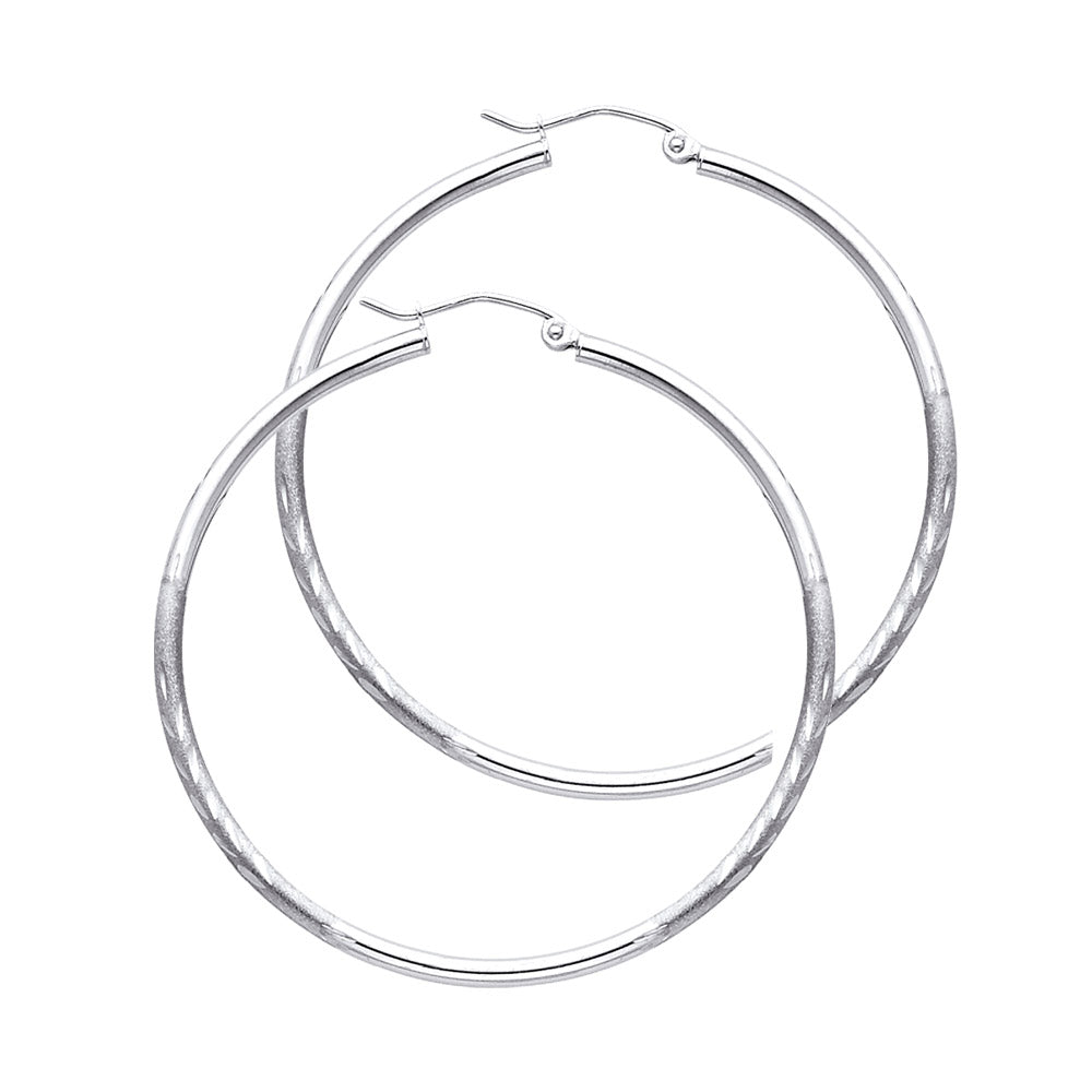 14K White Gold Textured Hoop Earrings – 2mm Thick, Real Gold Hoops in 12mm to 65mm