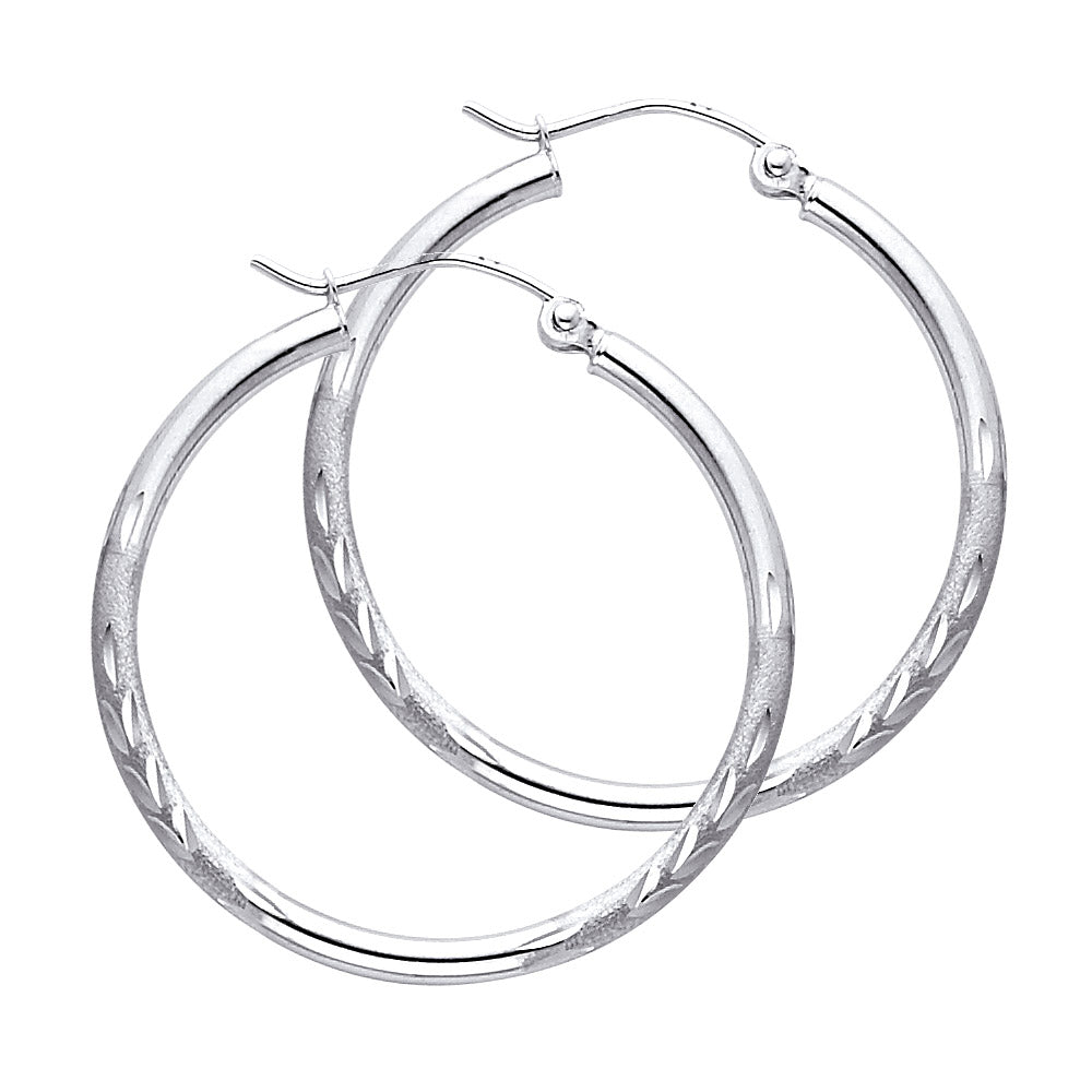 14K White Gold Textured Hoop Earrings – 2mm Thick, Real Gold Hoops in 12mm to 65mm