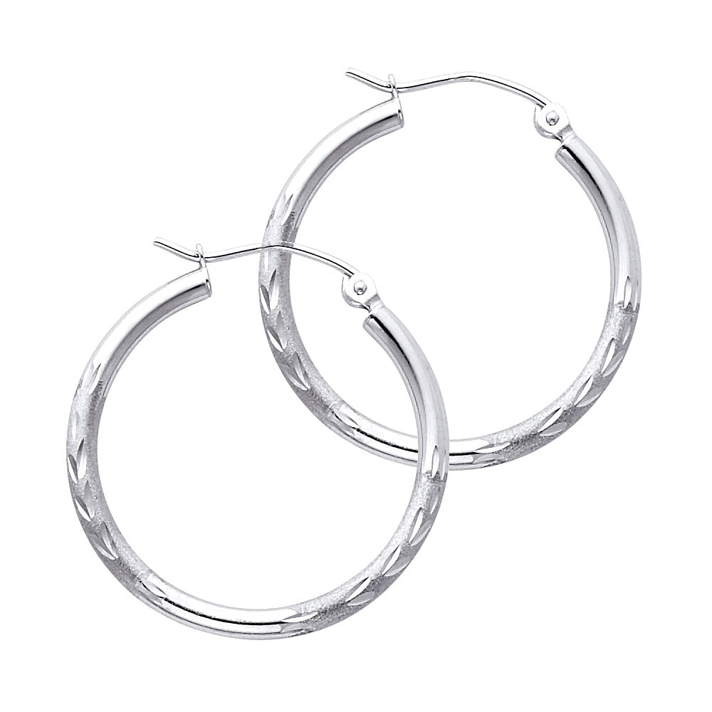 14K White Gold Textured Hoop Earrings – 2mm Thick, Real Gold Hoops in 12mm to 65mm