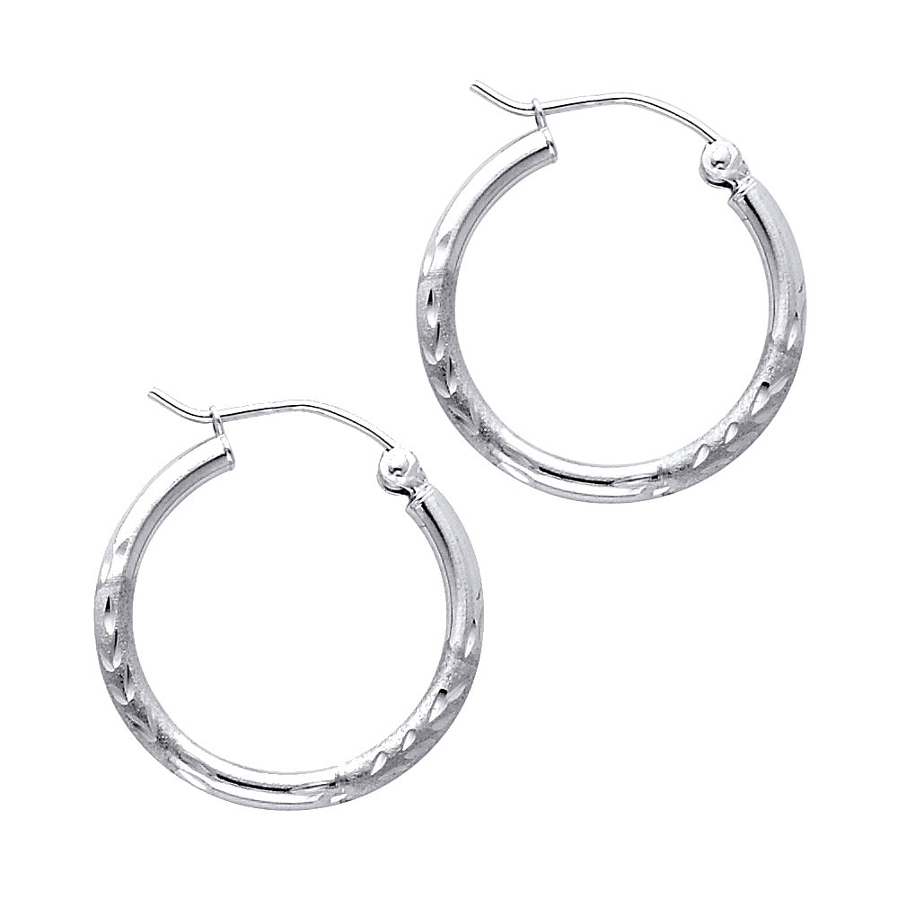 14K White Gold Textured Hoop Earrings – 2mm Thick, Real Gold Hoops in 12mm to 65mm