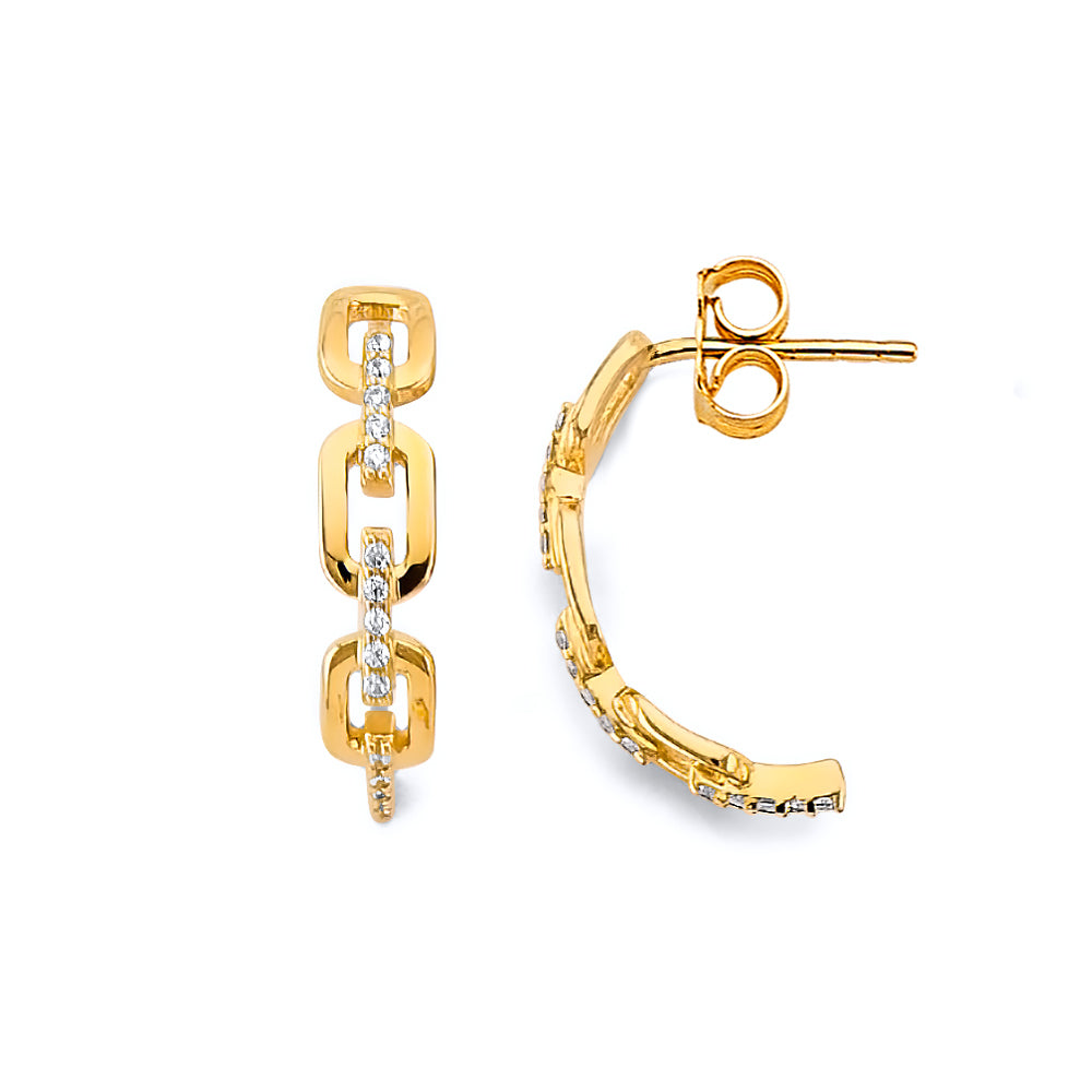 14K Gold CZ Link Earrings – Real Gold Chain Style Hoop Studs