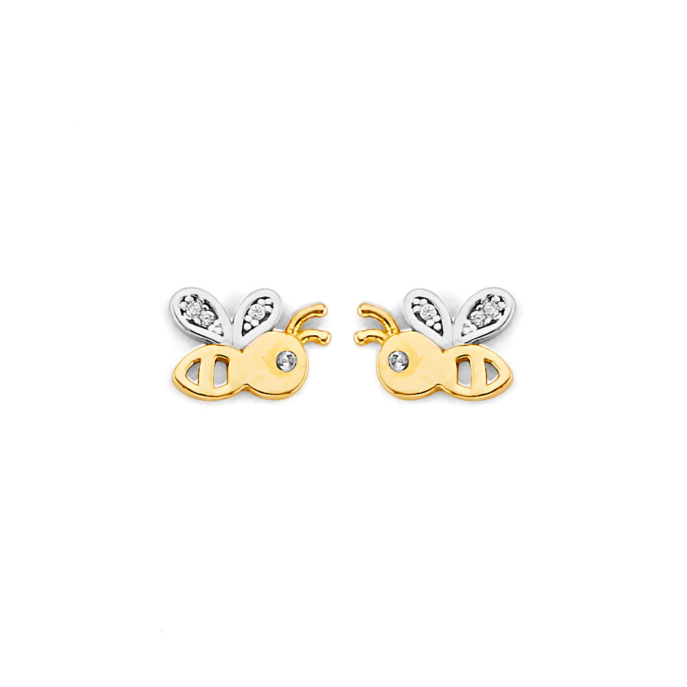 14K Gold Bee Stud Earrings with CZ Accents – Cute Gold Insect Earrings