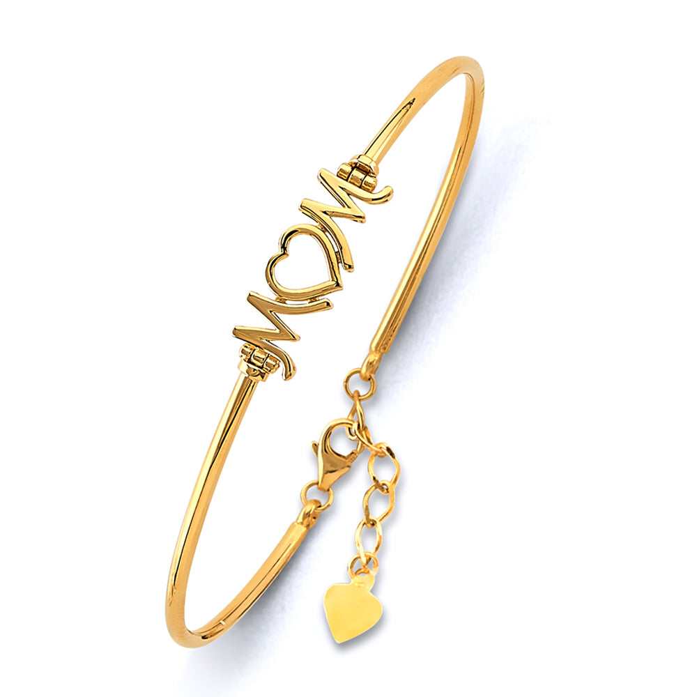 14K Gold Fancy Bangle Bracelet – Adjustable 7”+1” with Heart, MOM, or Evil Eye Design