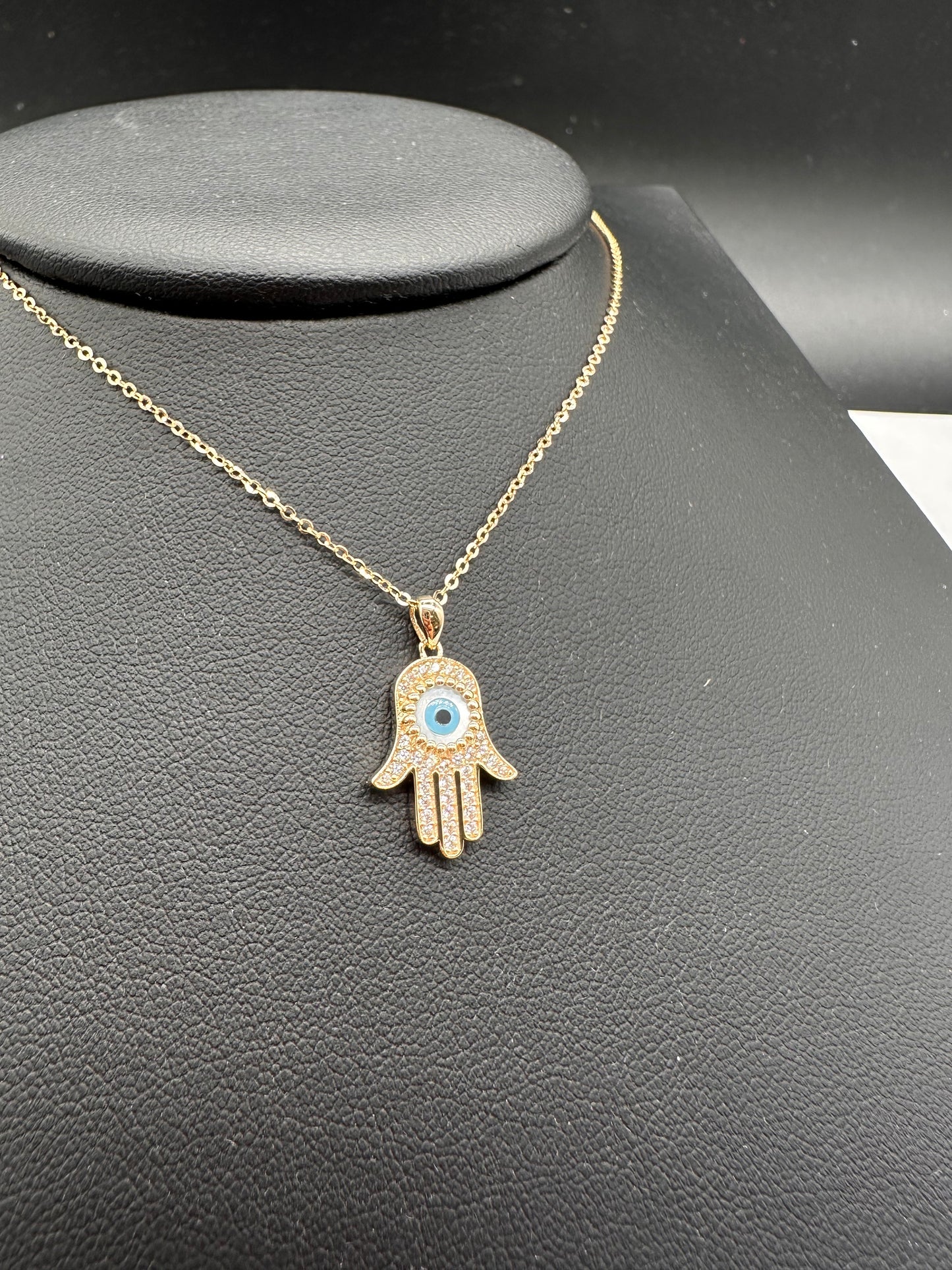 14K Gold Evil Eye CZ Hamsa Necklace