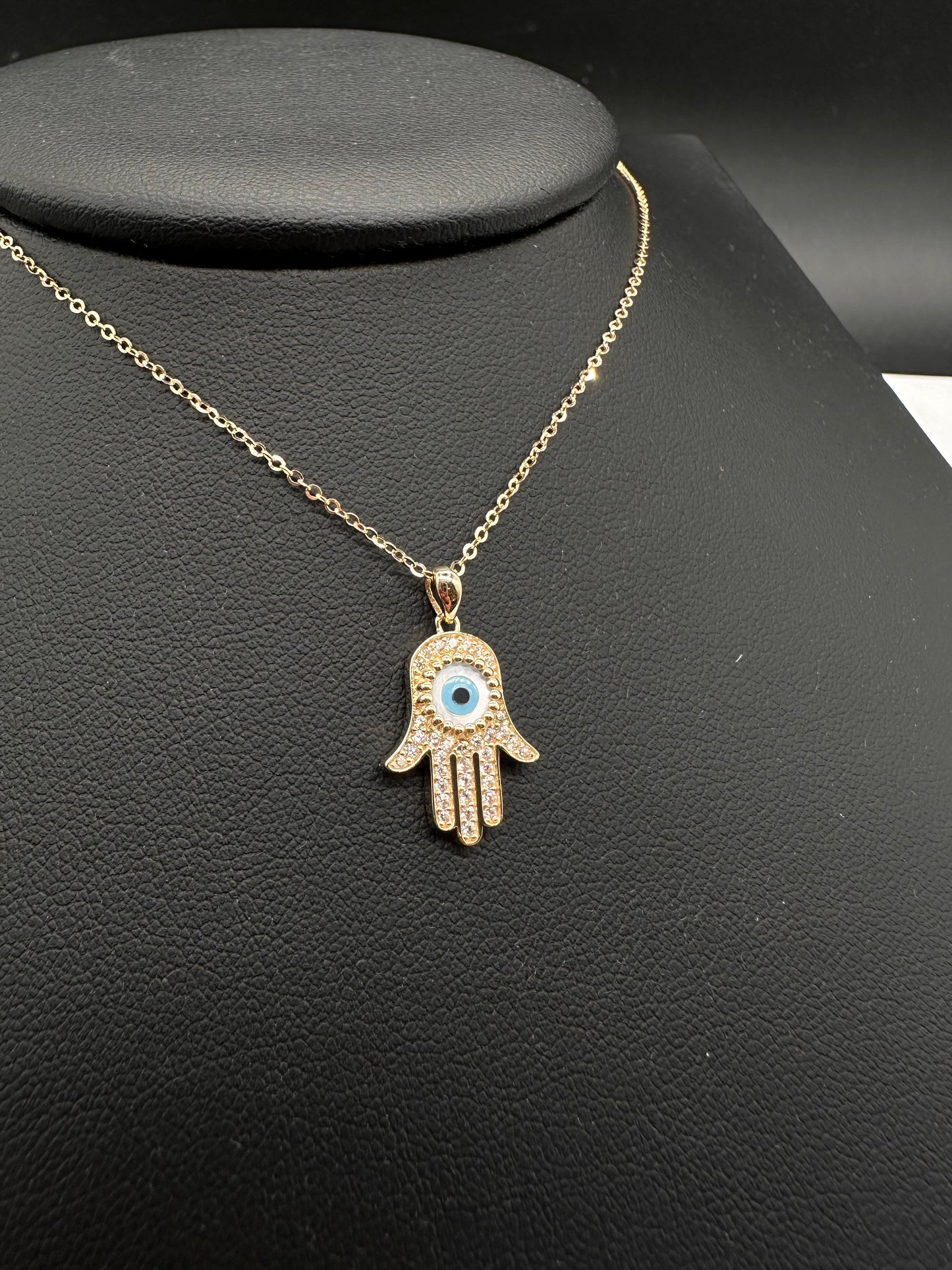 14K Gold Evil Eye CZ Hamsa Necklace