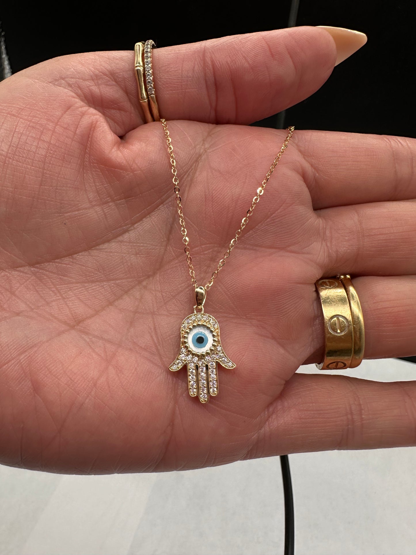 14K Gold Evil Eye CZ Hamsa Necklace