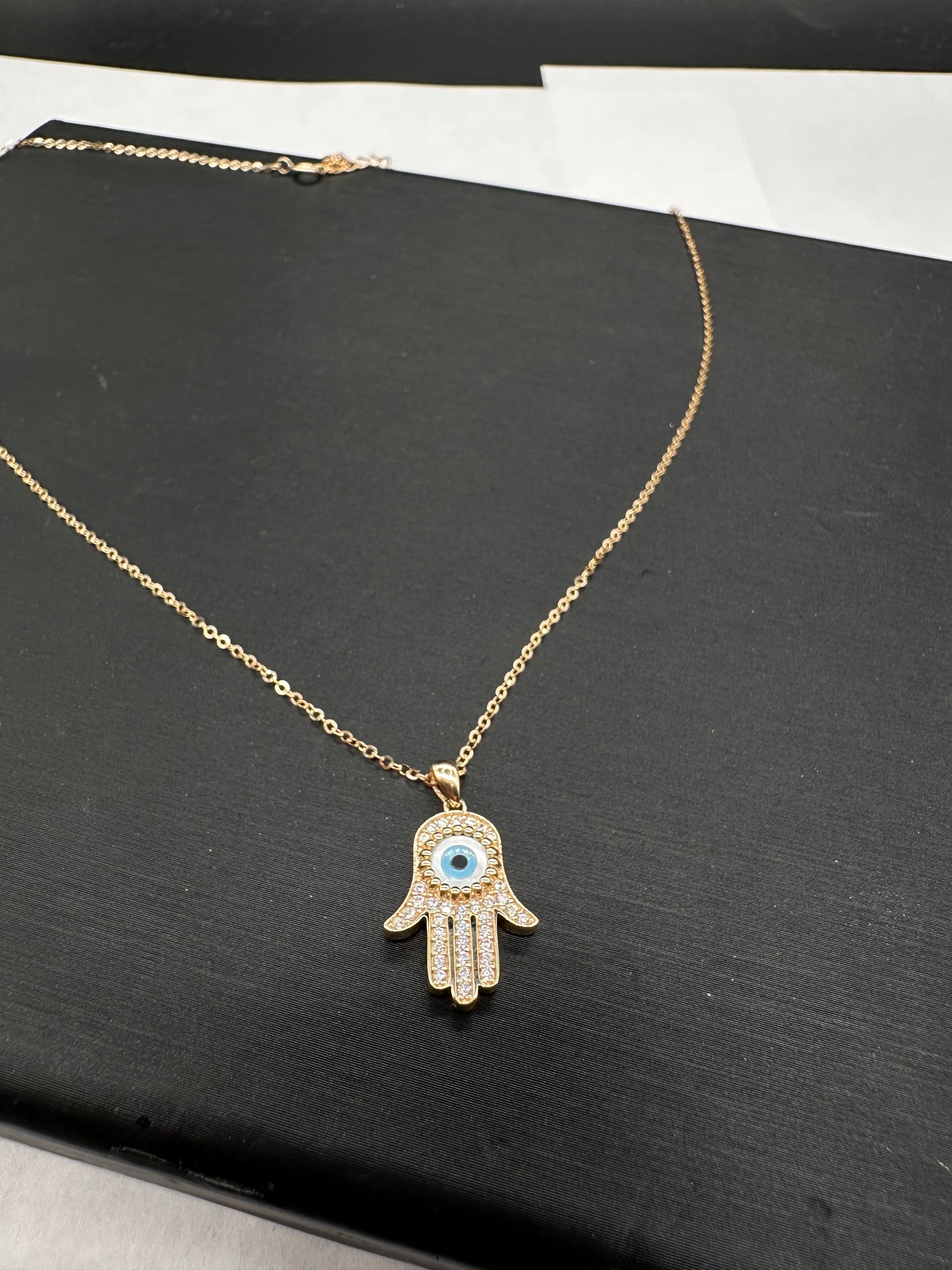 14K Gold Evil Eye CZ Hamsa Necklace