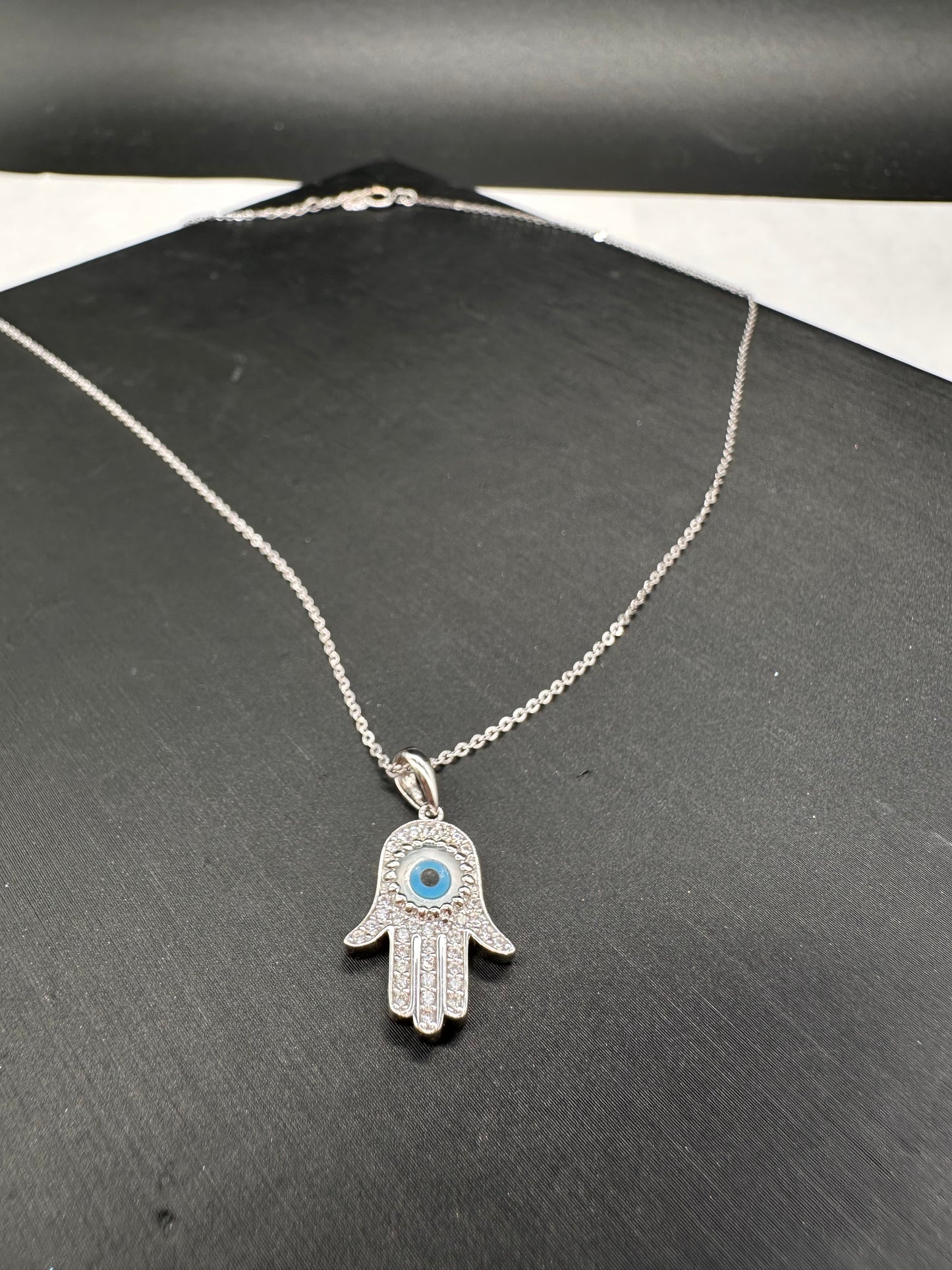 14K White Gold Evil Eye CZ Hamsa Necklace