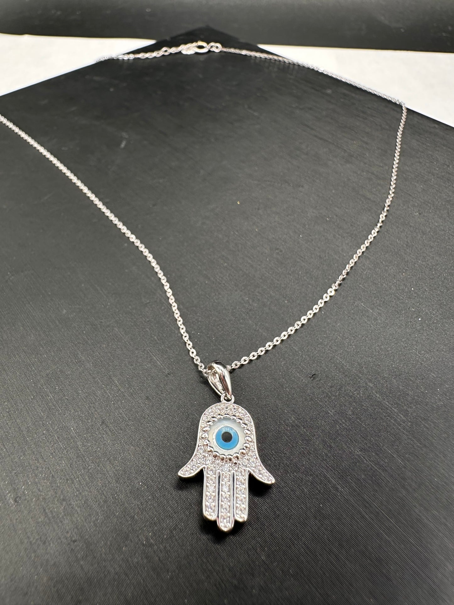 14K White Gold Evil Eye CZ Hamsa Necklace
