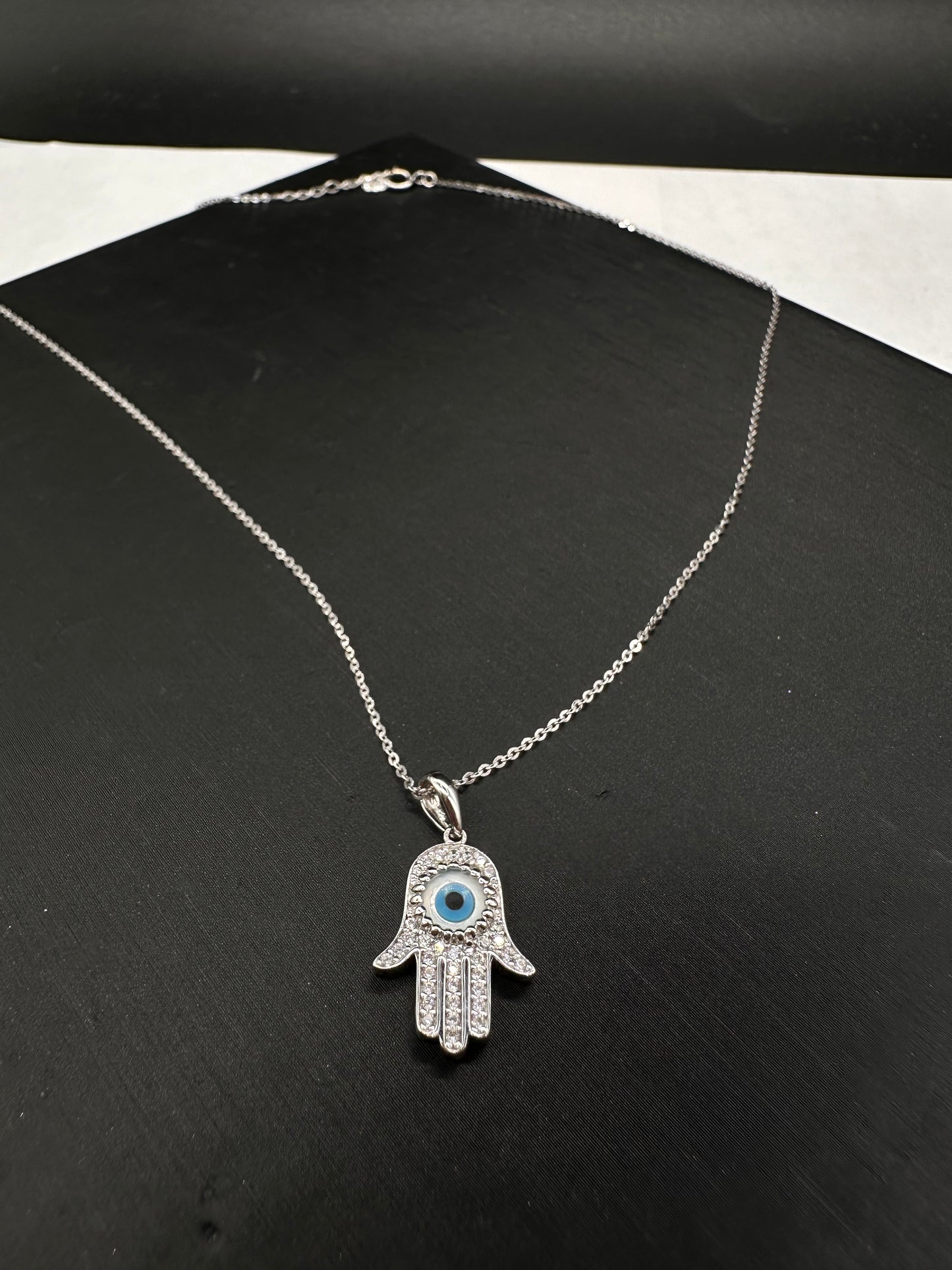 14K White Gold Evil Eye CZ Hamsa Necklace