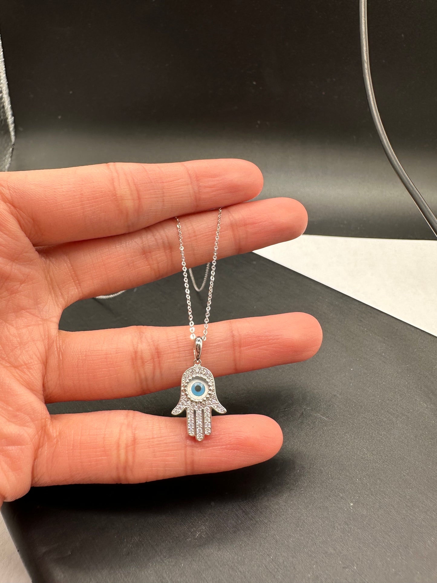 14K White Gold Evil Eye CZ Hamsa Necklace