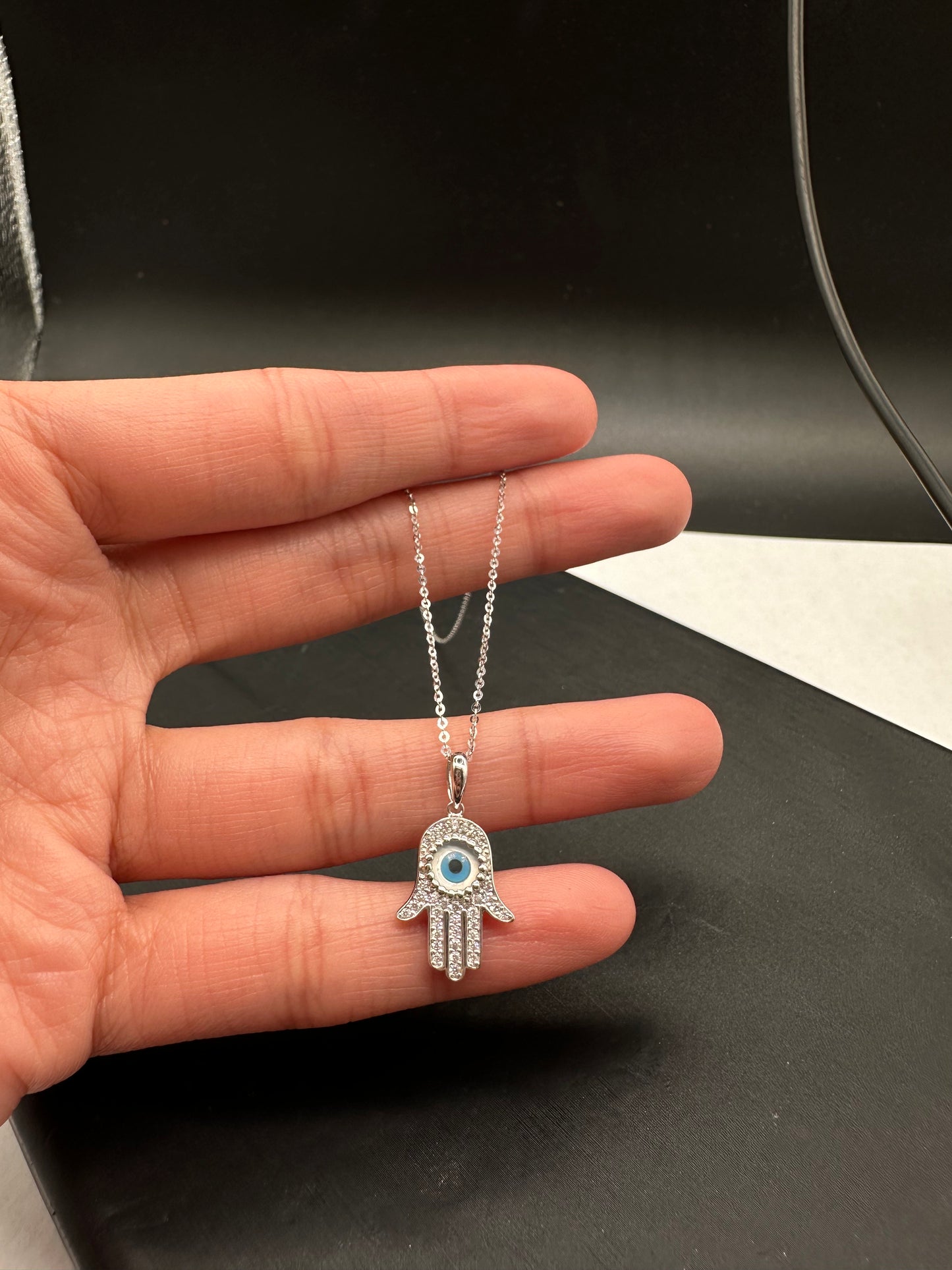 14K White Gold Evil Eye CZ Hamsa Necklace