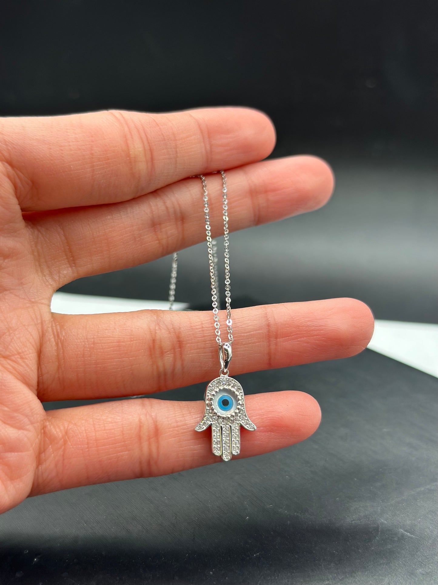 14K White Gold Evil Eye CZ Hamsa Necklace