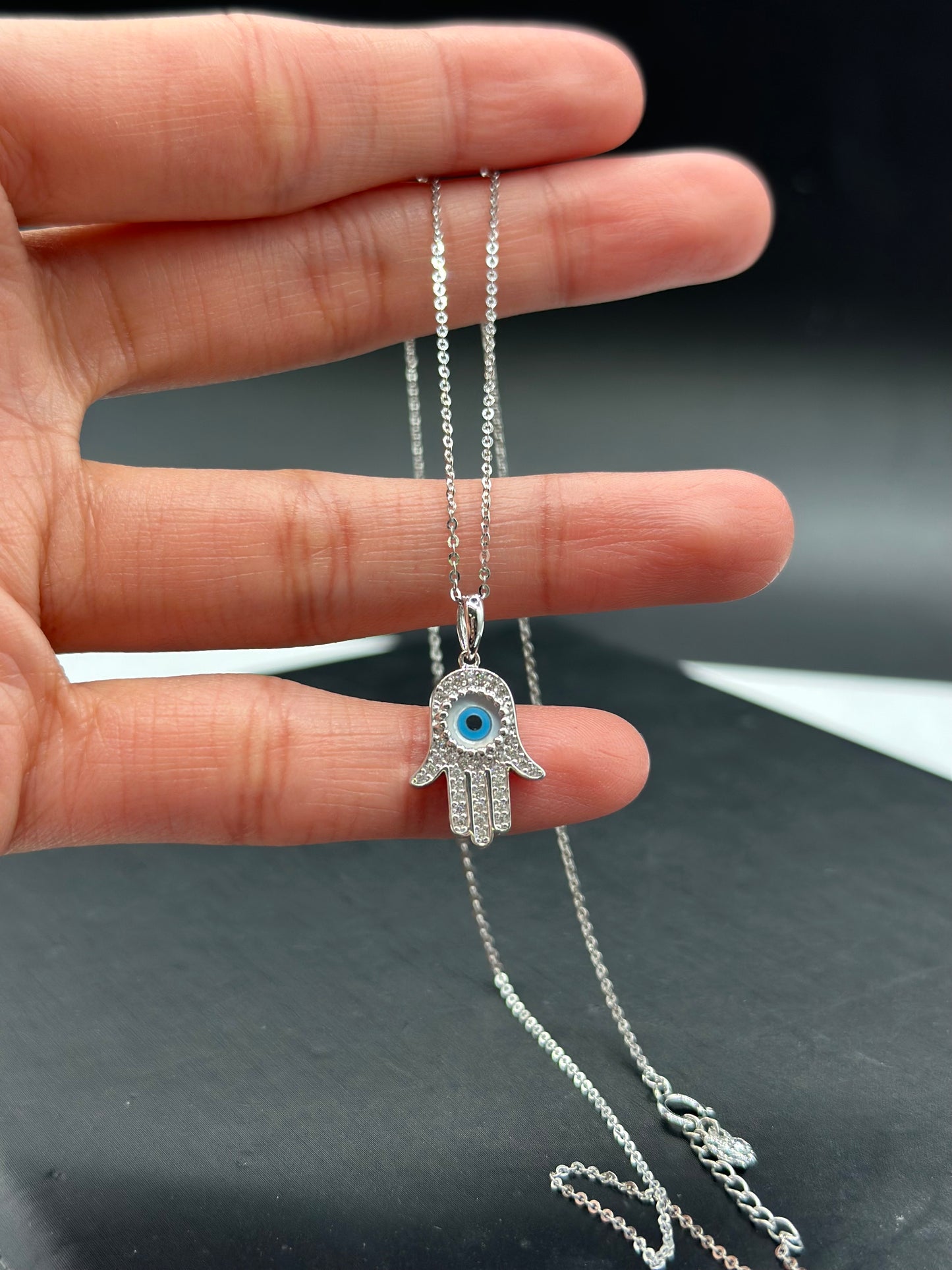14K White Gold Evil Eye CZ Hamsa Necklace