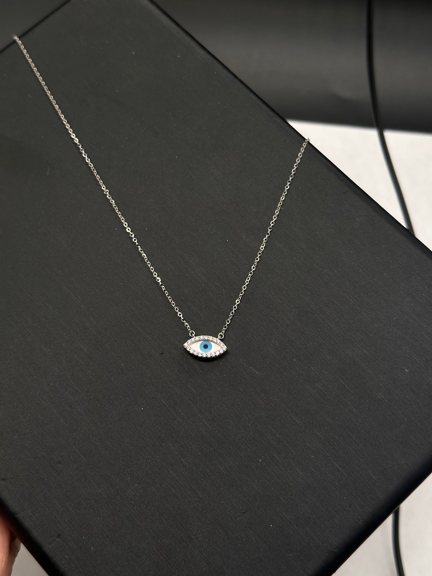 14K White Gold Evil Eye CZ Necklace