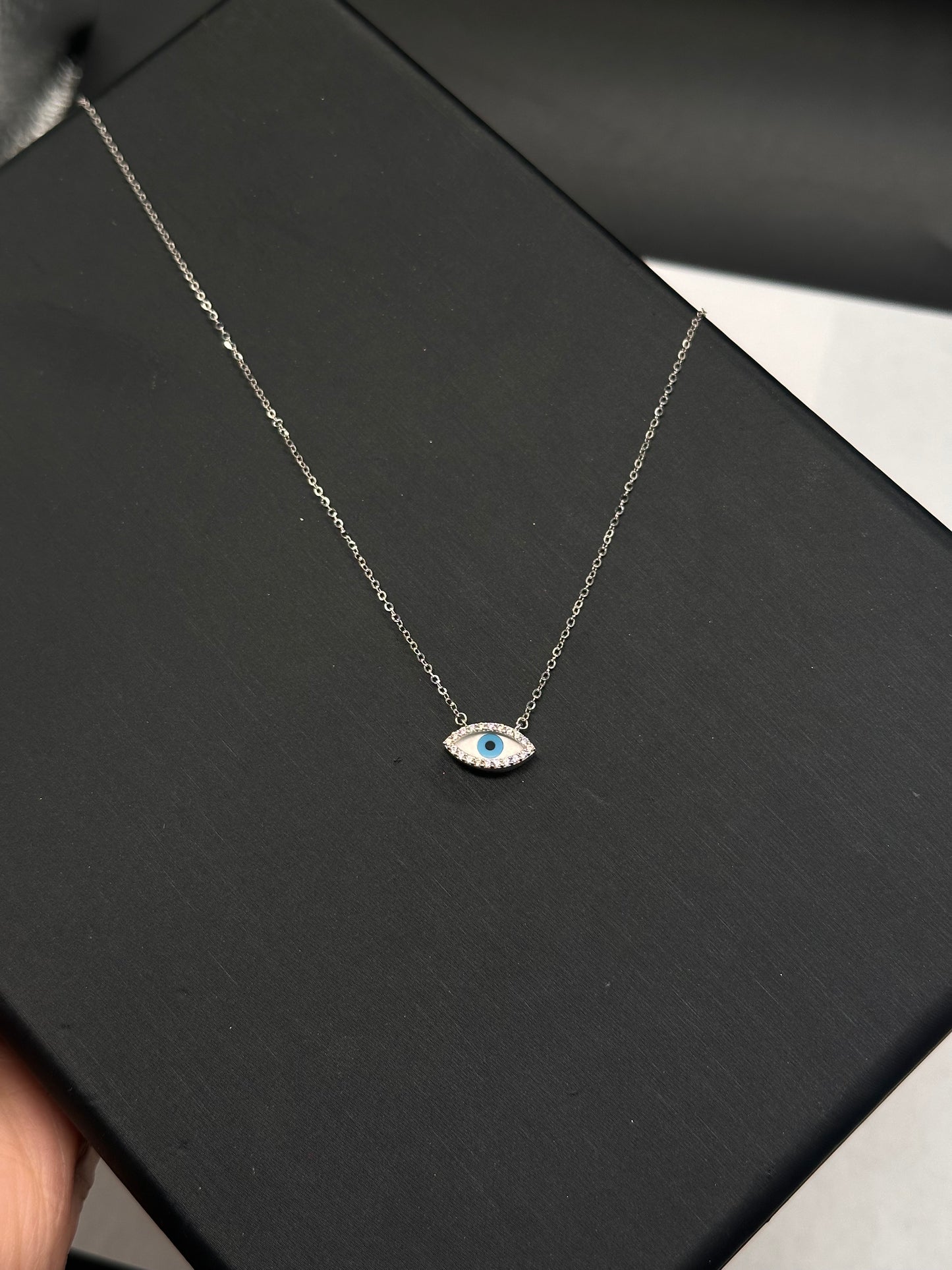14K White Gold Evil Eye CZ Necklace