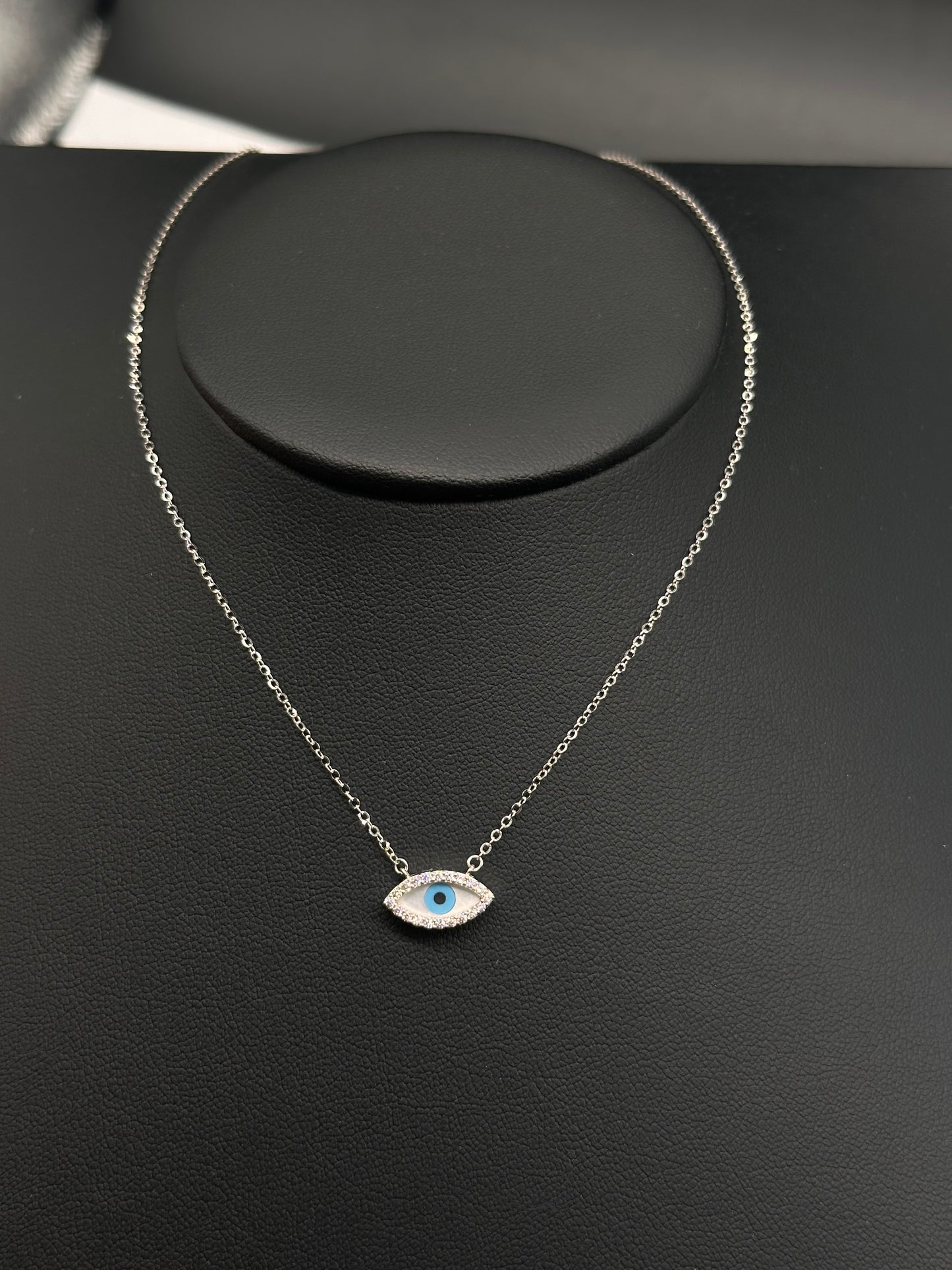 14K White Gold Evil Eye CZ Necklace