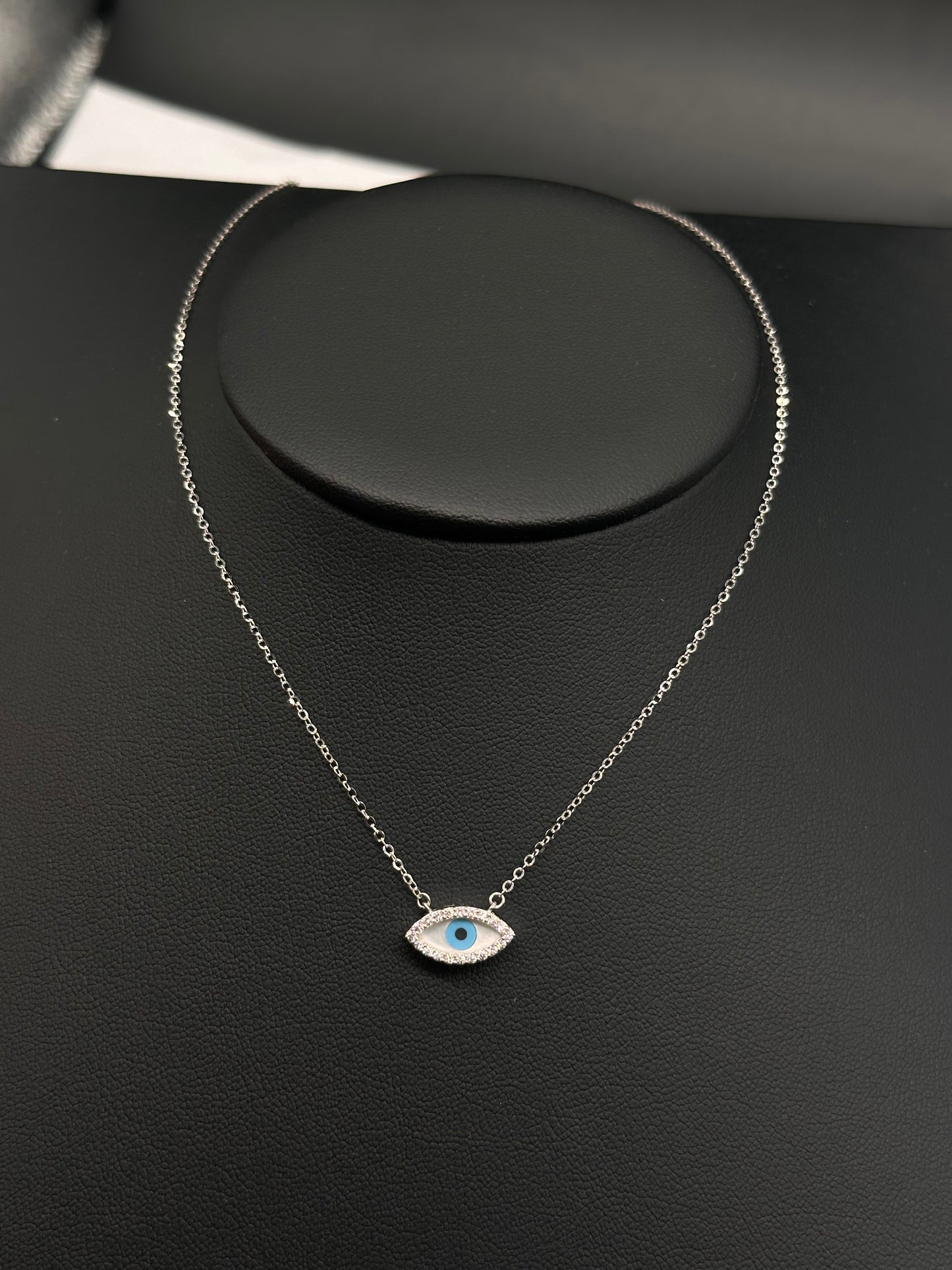14K White Gold Evil Eye CZ Necklace