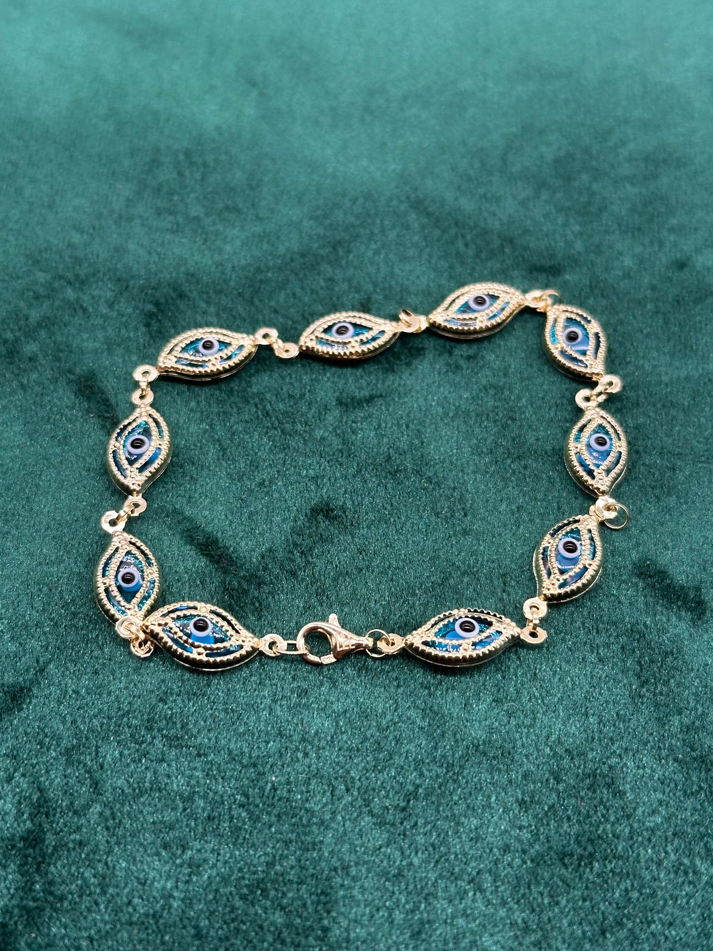 14K Gold Evil Eye Bracelet – 7.5" Blue, Red or Rainbow Color Enamel Protection Charm