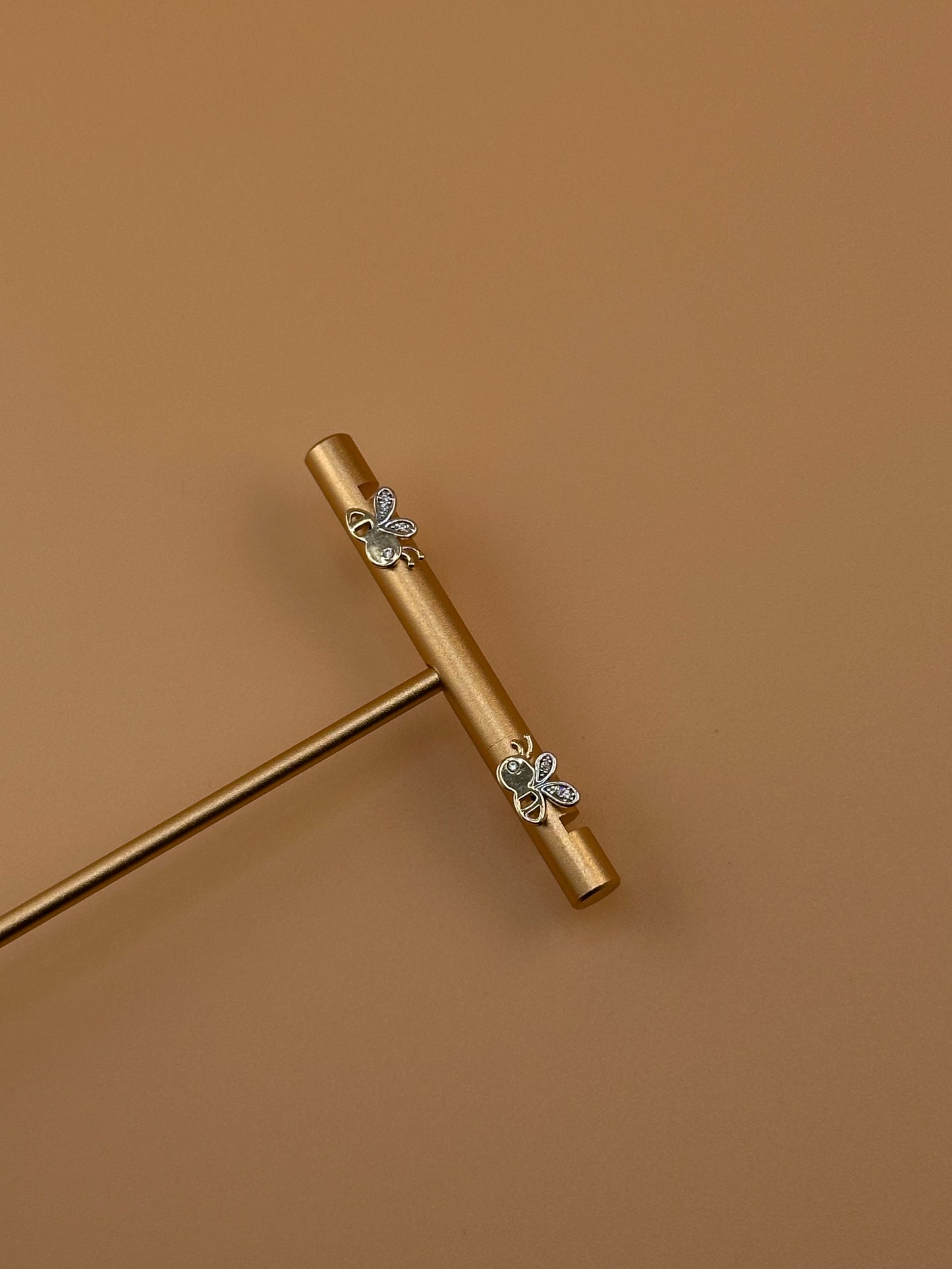14K Gold Bee Stud Earrings with CZ Accents – Cute Gold Insect Earrings