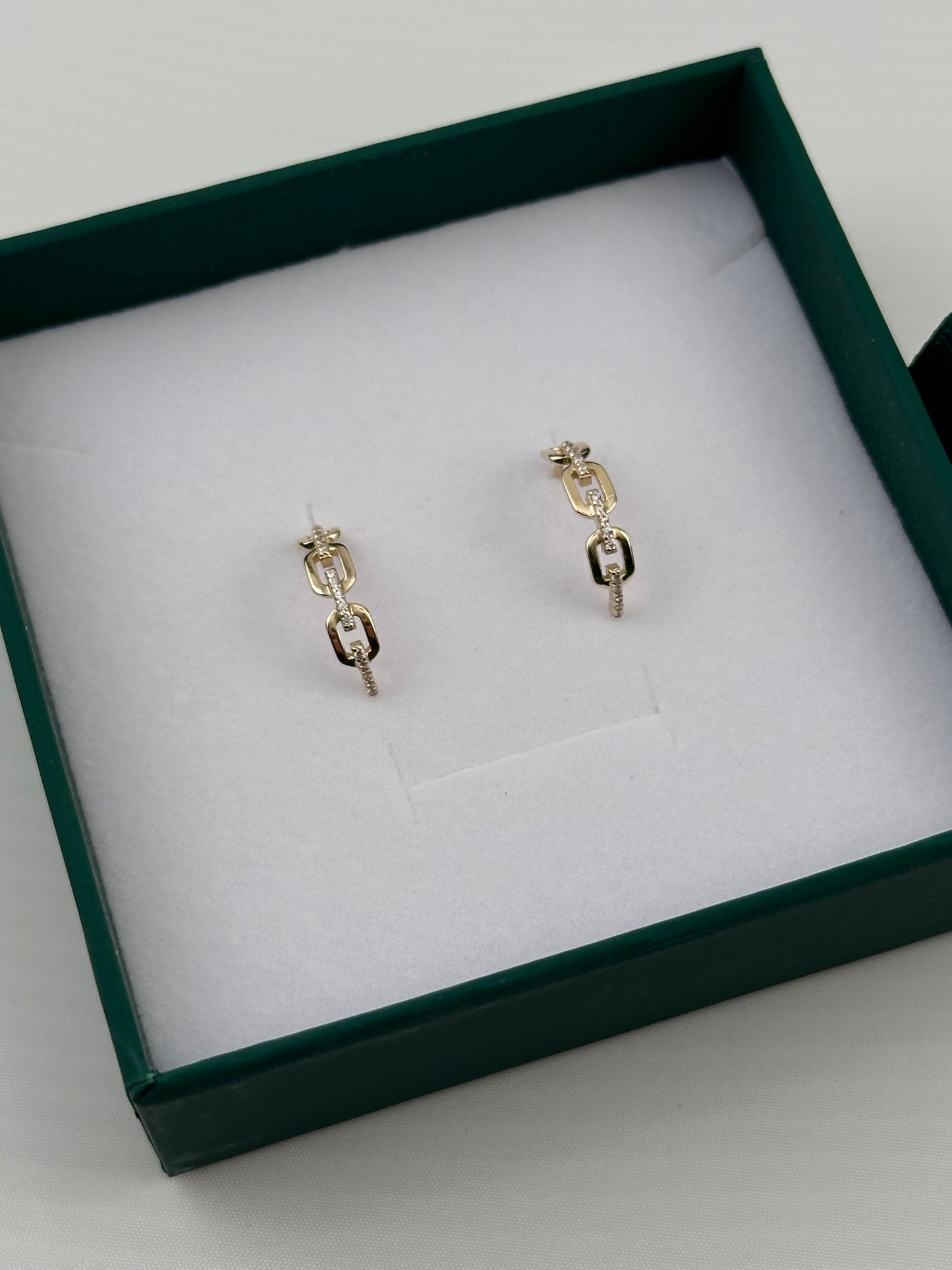 14K Gold CZ Link Earrings – Real Gold Chain Style Hoop Studs