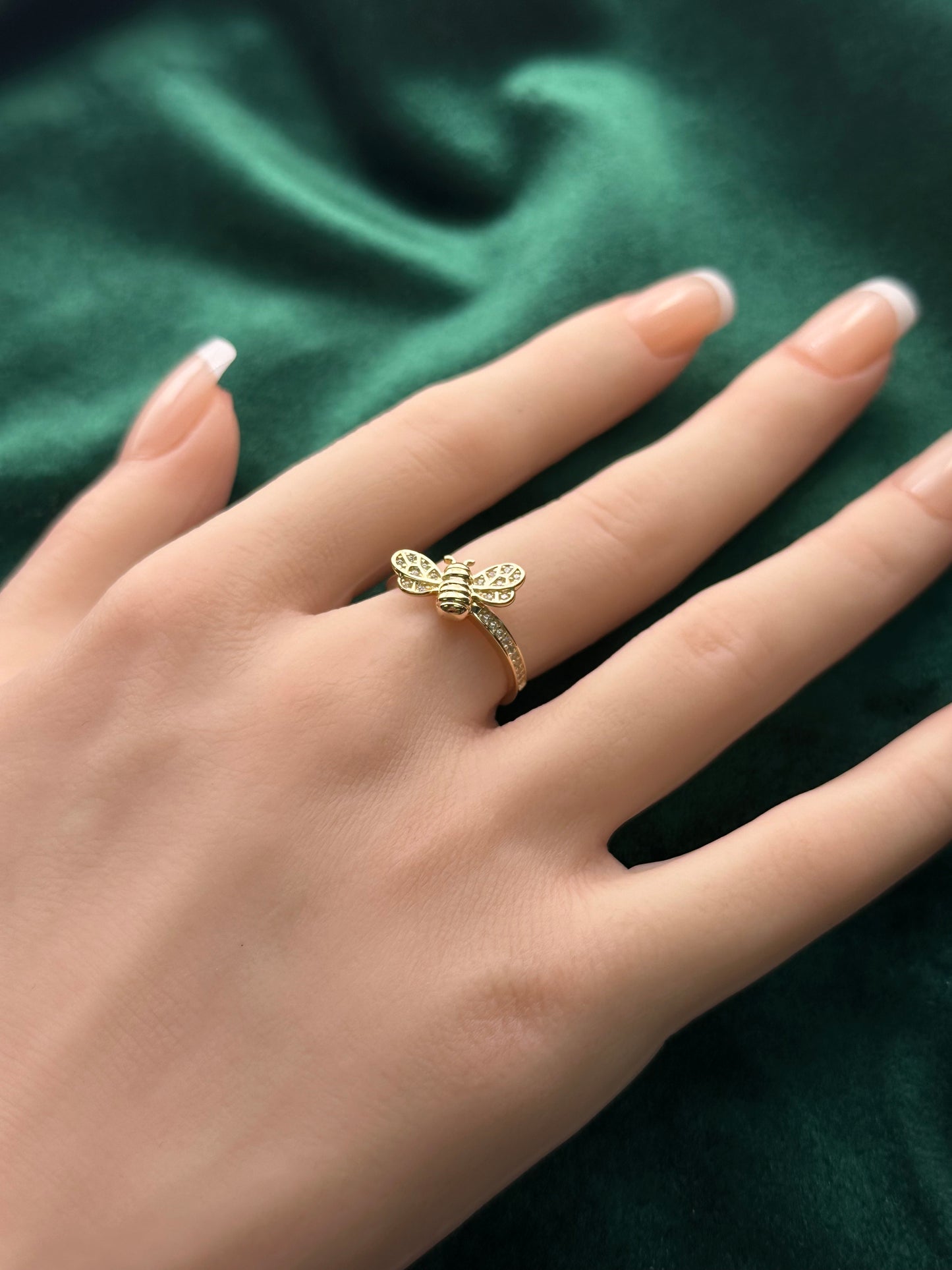 14K Gold CZ Bee Ring – Nature-Inspired Gold Ring | Size 7