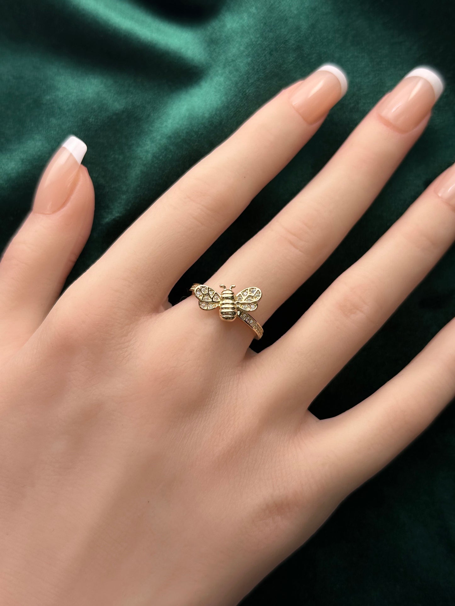 14K Gold CZ Bee Ring – Nature-Inspired Gold Ring | Size 7