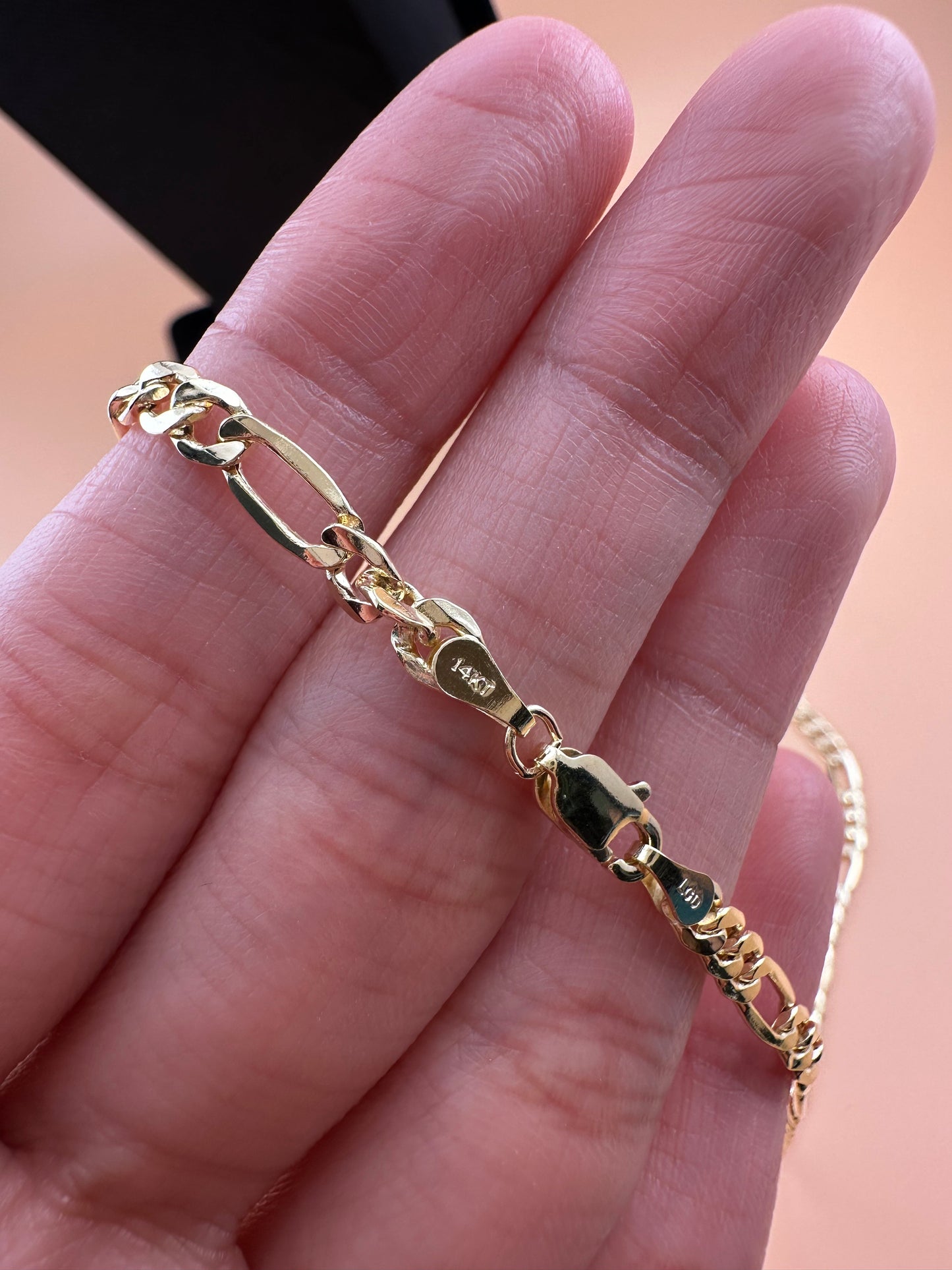 14K Gold Hollow Beveled Figaro Chain