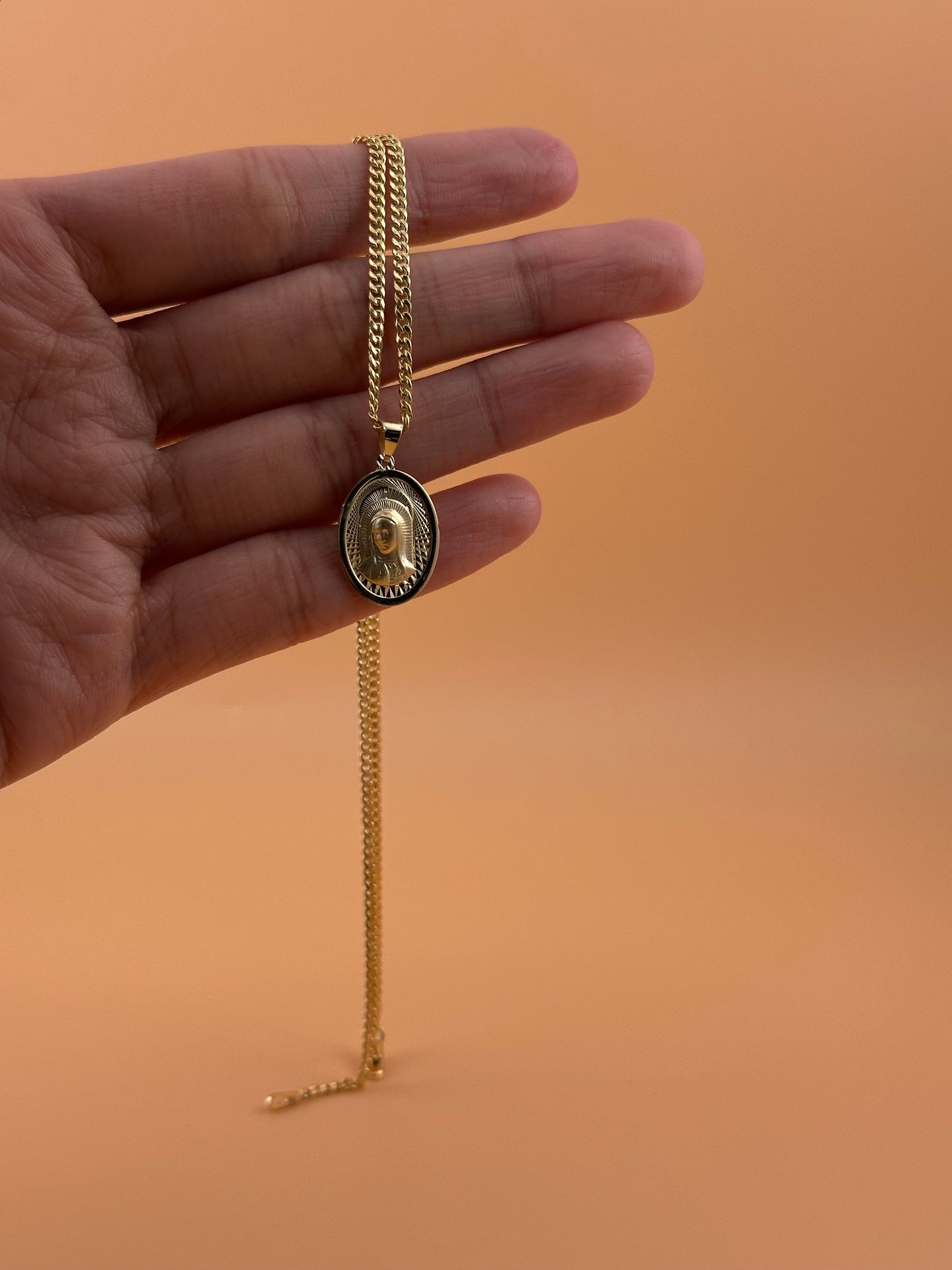 14K Gold Virgin Mary Pendant l Oval Religious Medal