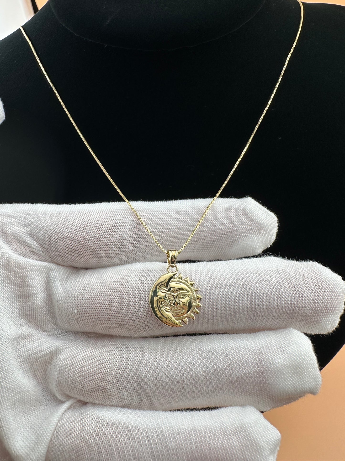 14K Gold Moon & Sun Pendant l Celestial Face Charm l Real Gold Astrology Jewelry