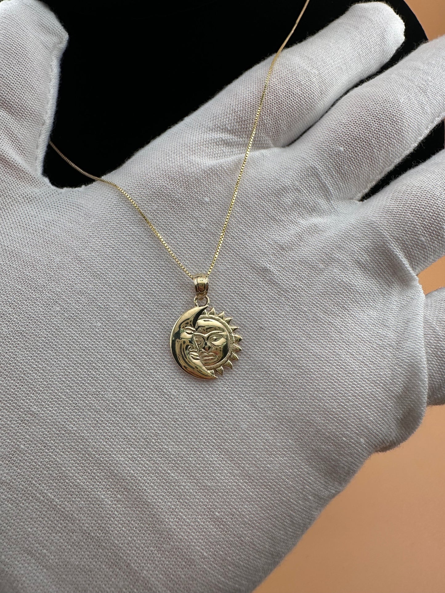 14K Gold Moon & Sun Pendant l Celestial Face Charm l Real Gold Astrology Jewelry