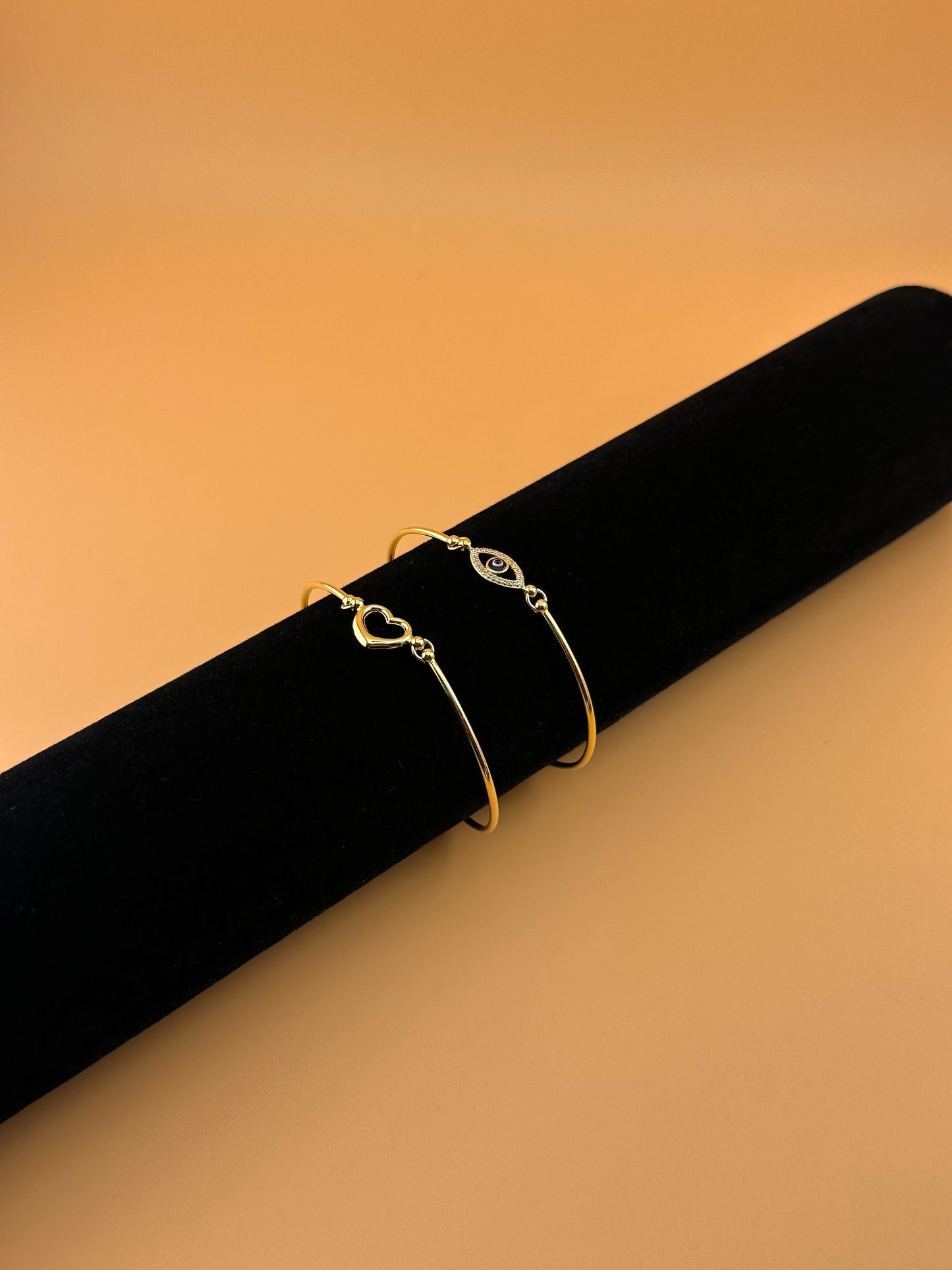 14K Gold Fancy Bangle Bracelet – Adjustable 7”+1” with Heart, MOM, or Evil Eye Design