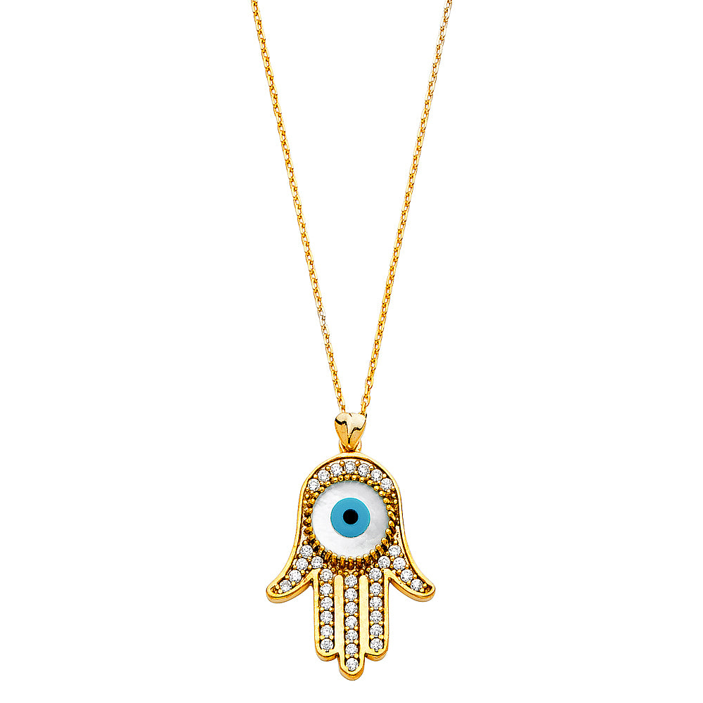 14K Gold Evil Eye CZ Hamsa Necklace