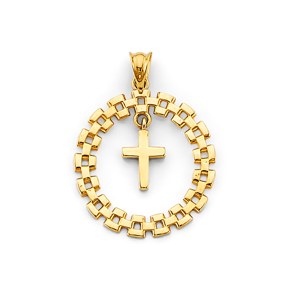 14K Gold Round Link Cross Pendant