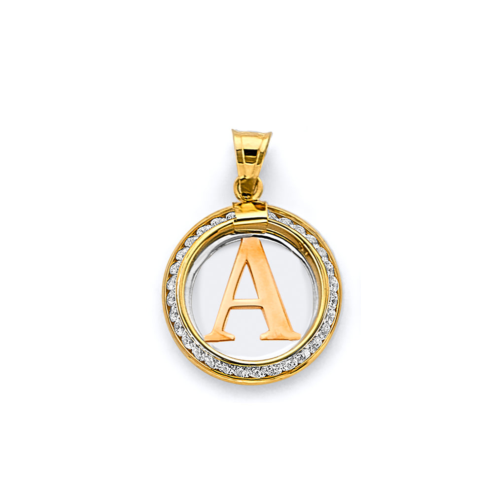 14K Gold Two-Tone Round CZ Initial Pendant A–Z