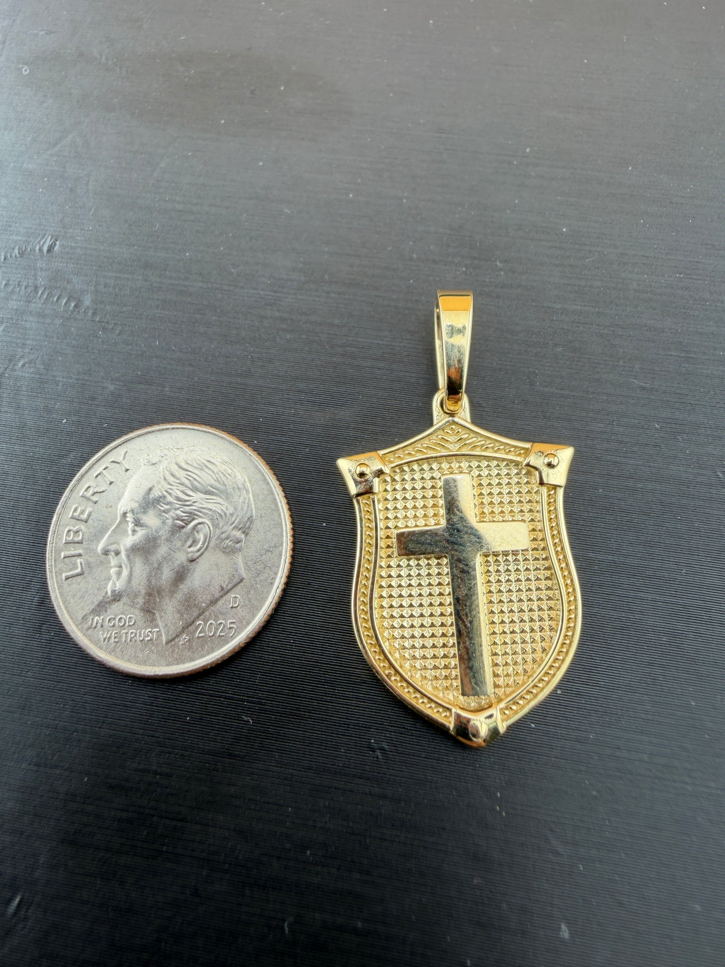 14K Yellow Gold Shield with Cross Pendant – Real Solid Gold Protection Symbol