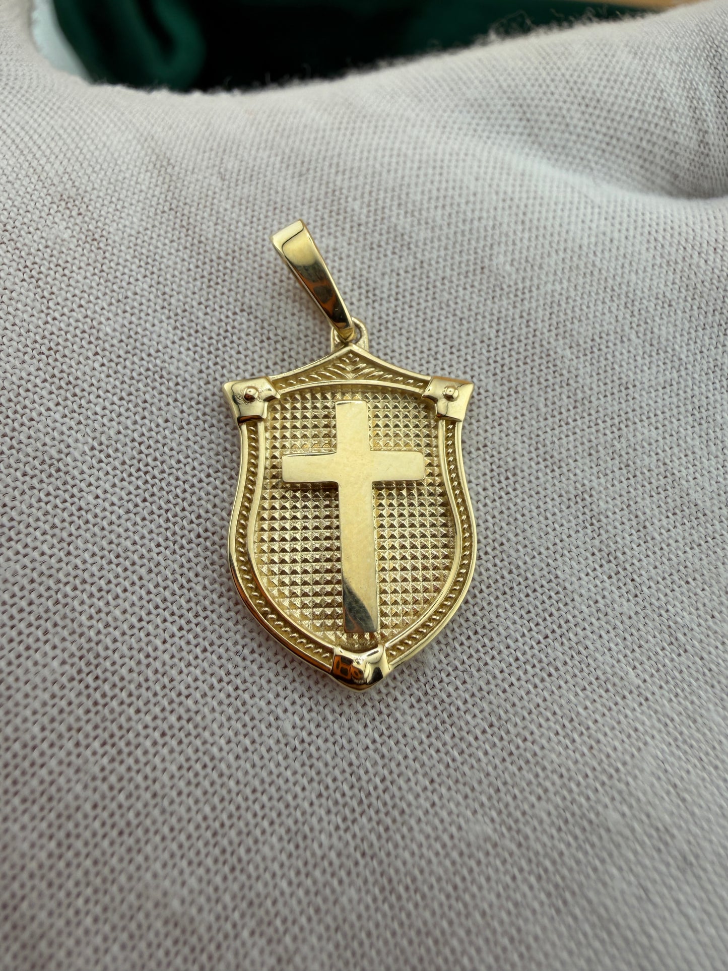 14K Yellow Gold Shield with Cross Pendant – Real Solid Gold Protection Symbol