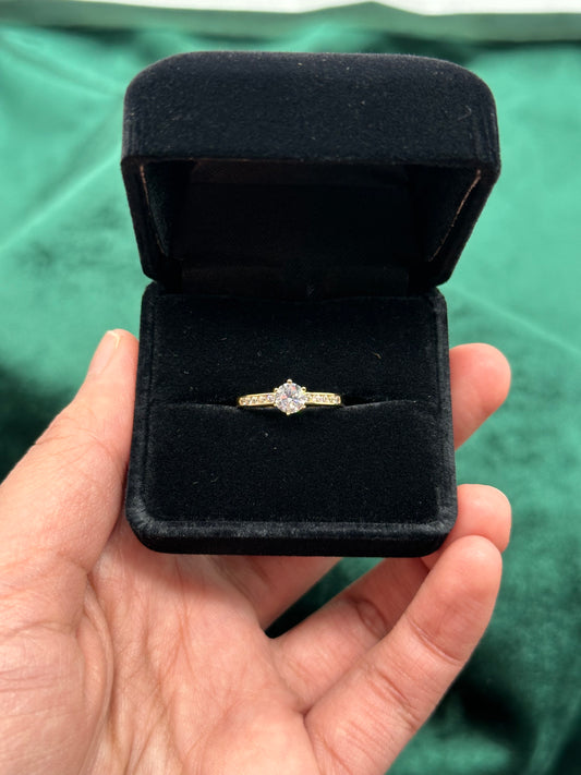 14k Dainty Gold CZ Engagement Ring with Box - Round Brilliant Cut with Pavé Band