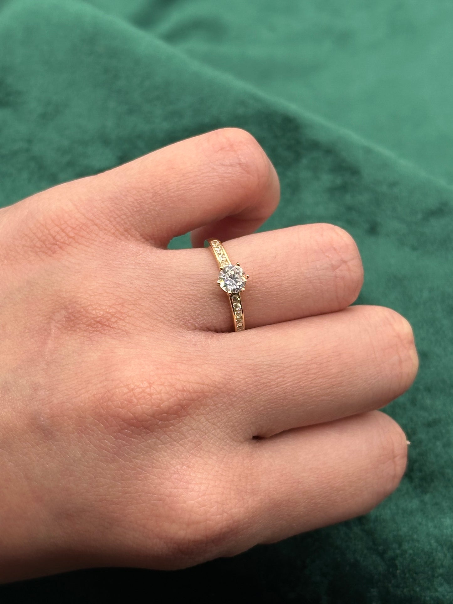 14k Dainty Gold CZ Engagement Ring with Box - Round Brilliant Cut with Pavé Band