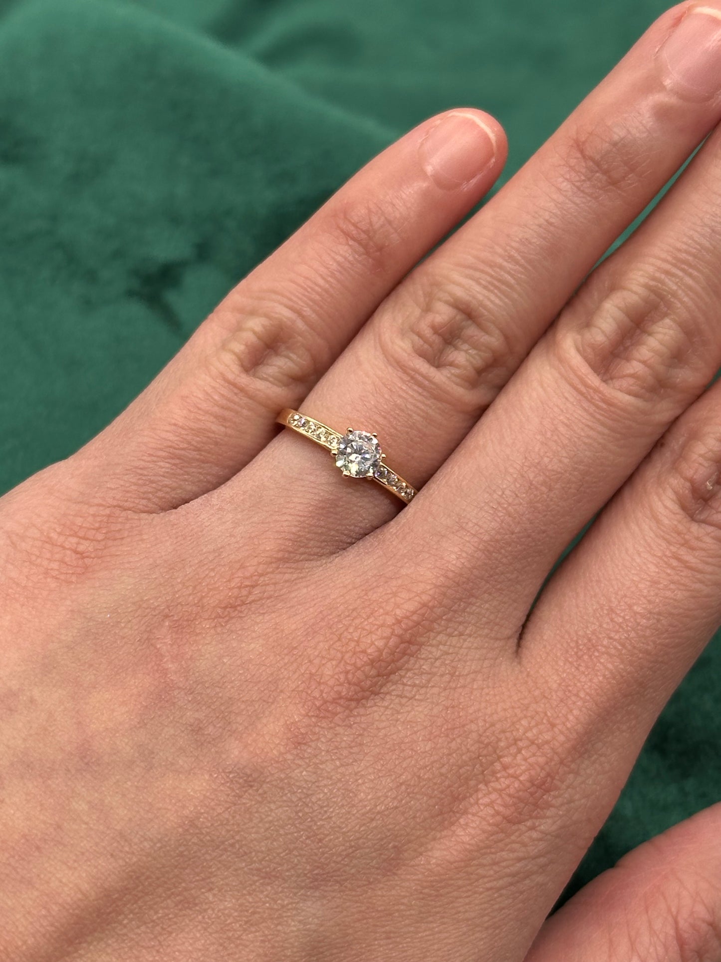 14k Dainty Gold CZ Engagement Ring with Box - Round Brilliant Cut with Pavé Band