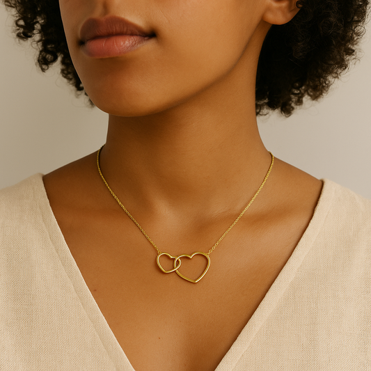 14K Gold Double Heart and Interlocking Rings Necklace