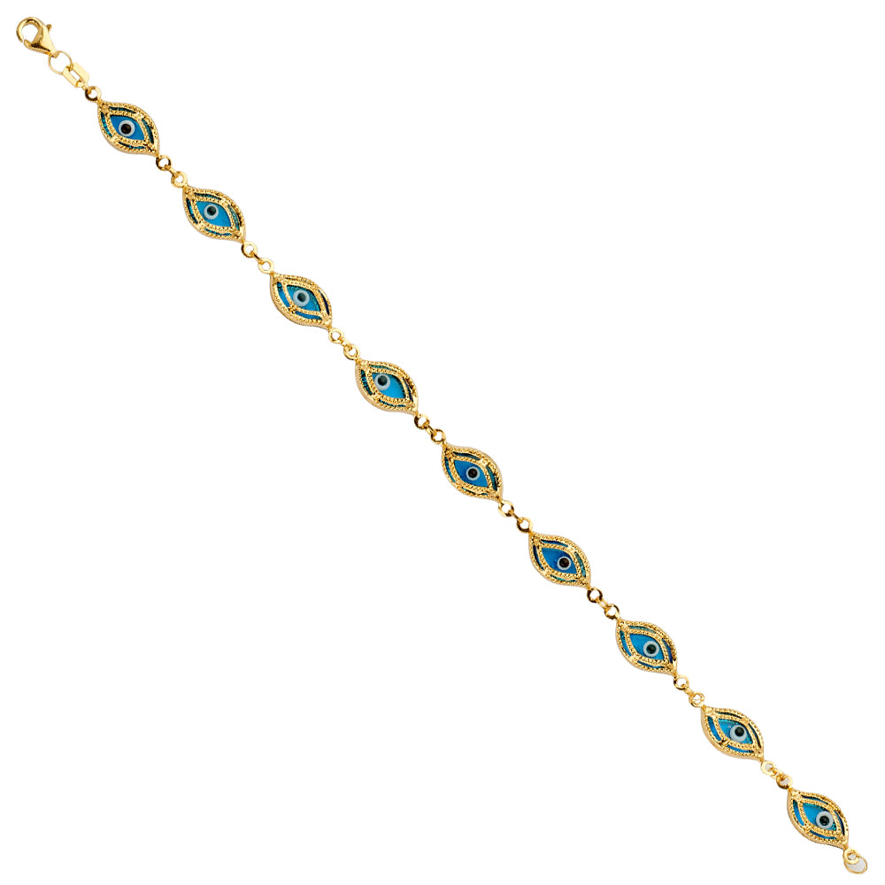 14K Gold Evil Eye Bracelet – 7.5" Blue, Red or Rainbow Color Enamel Protection Charm