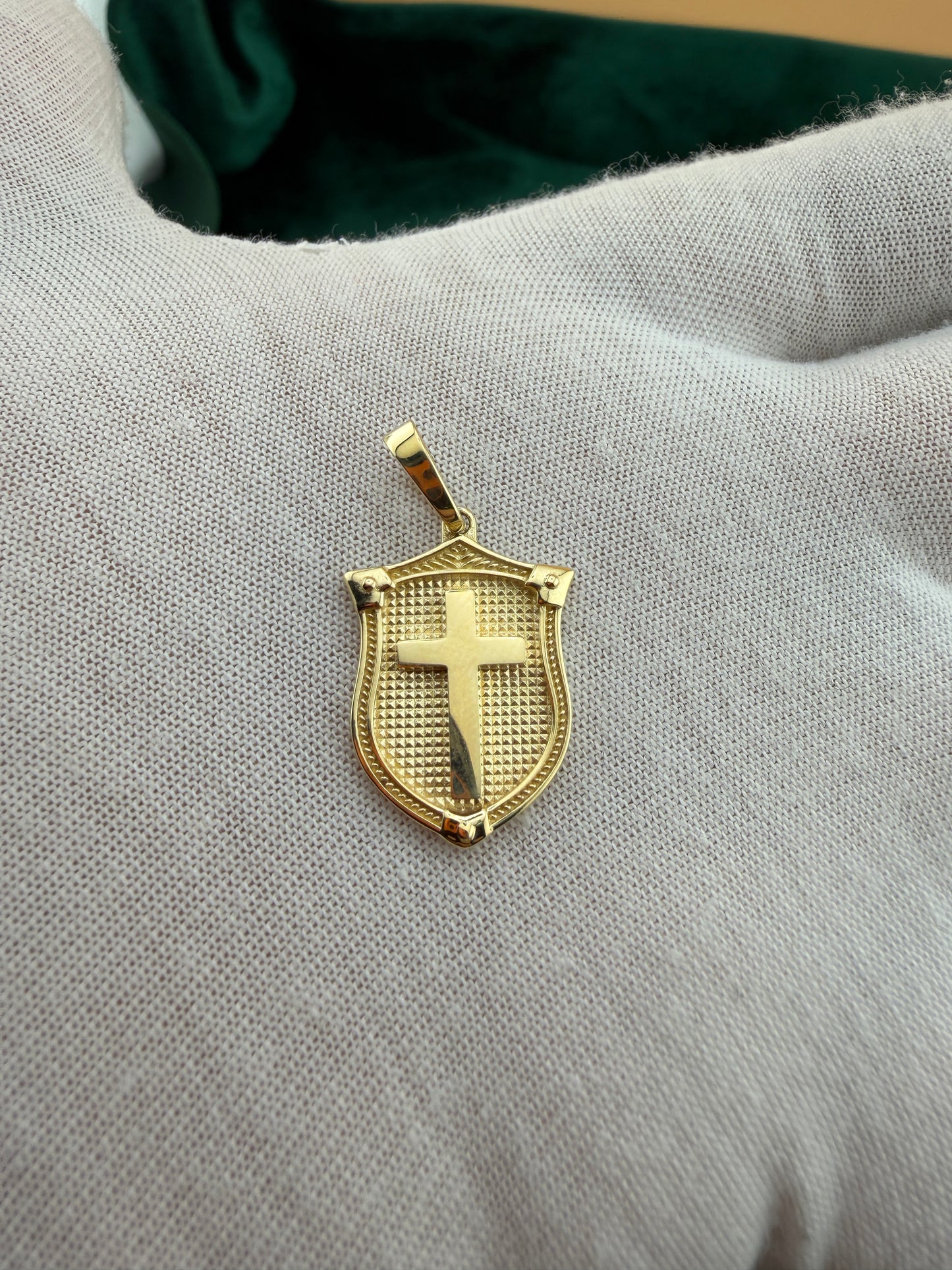 14K Yellow Gold Shield with Cross Pendant – Real Solid Gold Protection Symbol