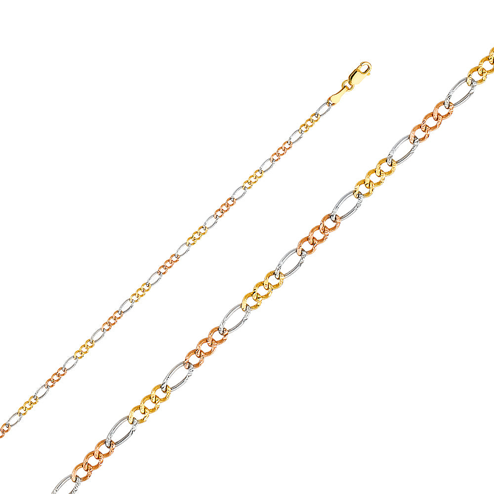 14K Gold Tri-Color Figaro Concave Chain