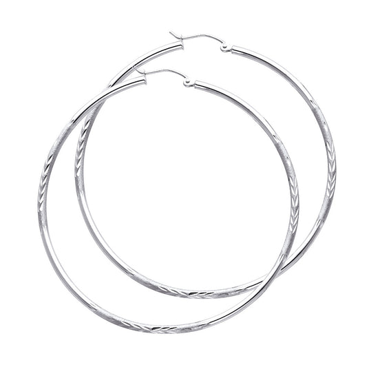 14K White Gold Textured Hoop Earrings – 2mm Thick, Real Gold Hoops in 12mm to 65mm