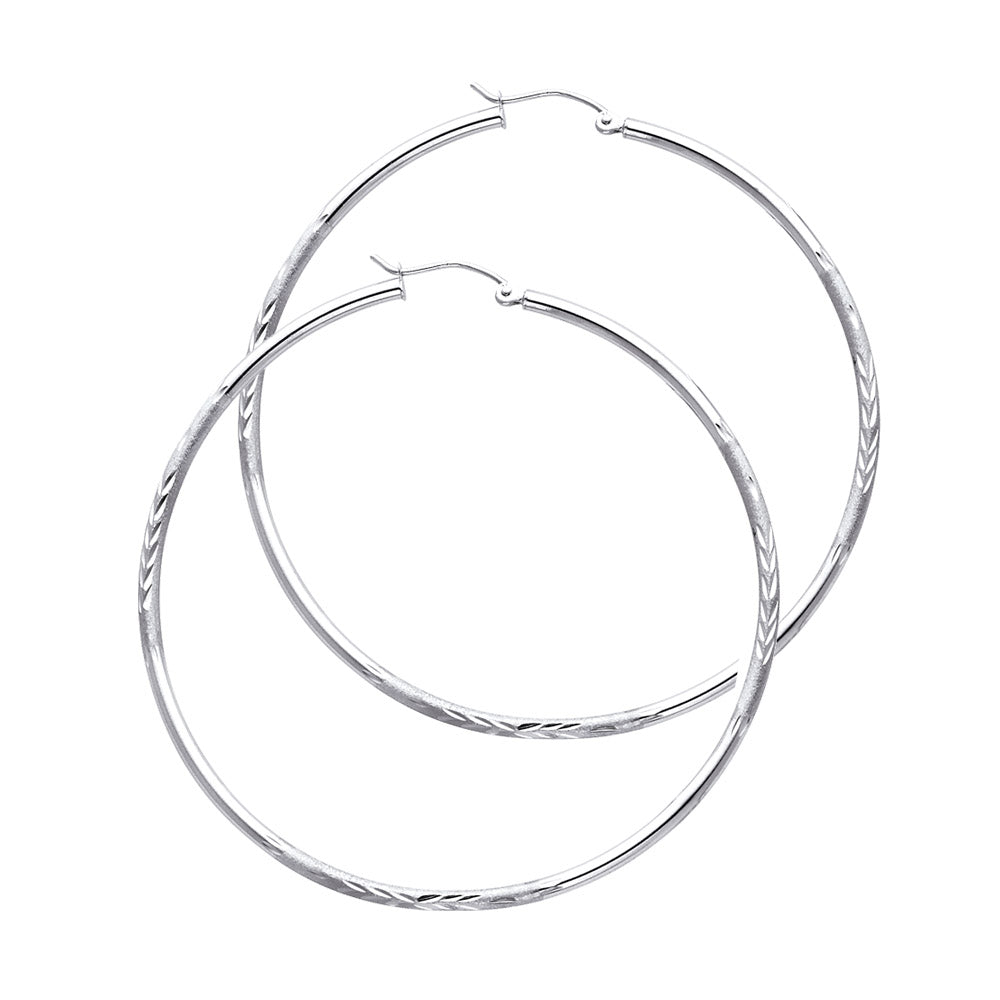 14K White Gold Textured Hoop Earrings – 2mm Thick, Real Gold Hoops in 12mm to 65mm